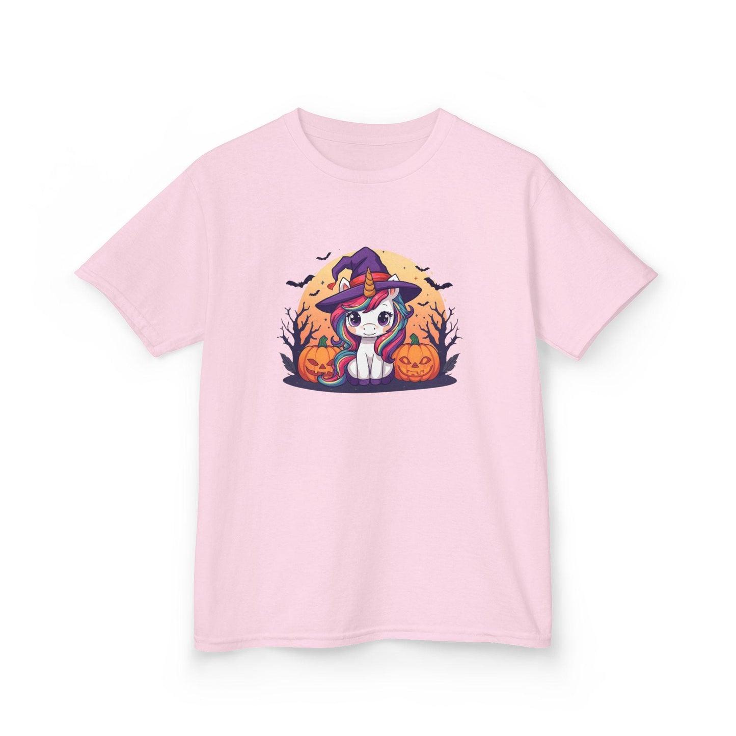 Kawaii Halloween Unicorn Kids T-Shirt, Rainbow Mane Witch Hat Tee, Spooky Trees Jack-o-lanterns, Cute Cartoon Graphic