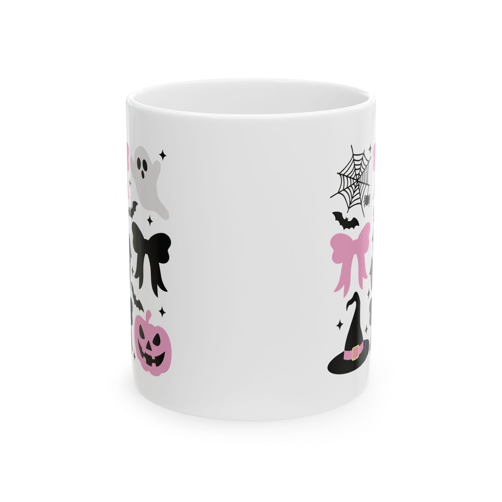 Coquette Halloween Spooky Halloween Ceramic Mug - Ghosts, Pumpkins, and Bows Pumpkin Pink Bows Cute Halloween Design Spooky Haunted House
