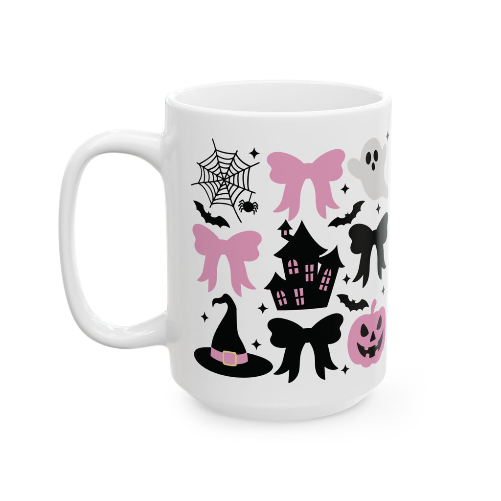 Coquette Halloween Spooky Halloween Ceramic Mug - Ghosts, Pumpkins, and Bows Pumpkin Pink Bows Cute Halloween Design Spooky Haunted House
