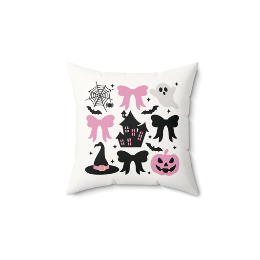 Coquette Halloween Spooky Halloween Ceramic Pillow - Ghosts, Pumpkins, and Bows Pumpkin Pink Bows Cute Halloween Design Spooky Haunted House