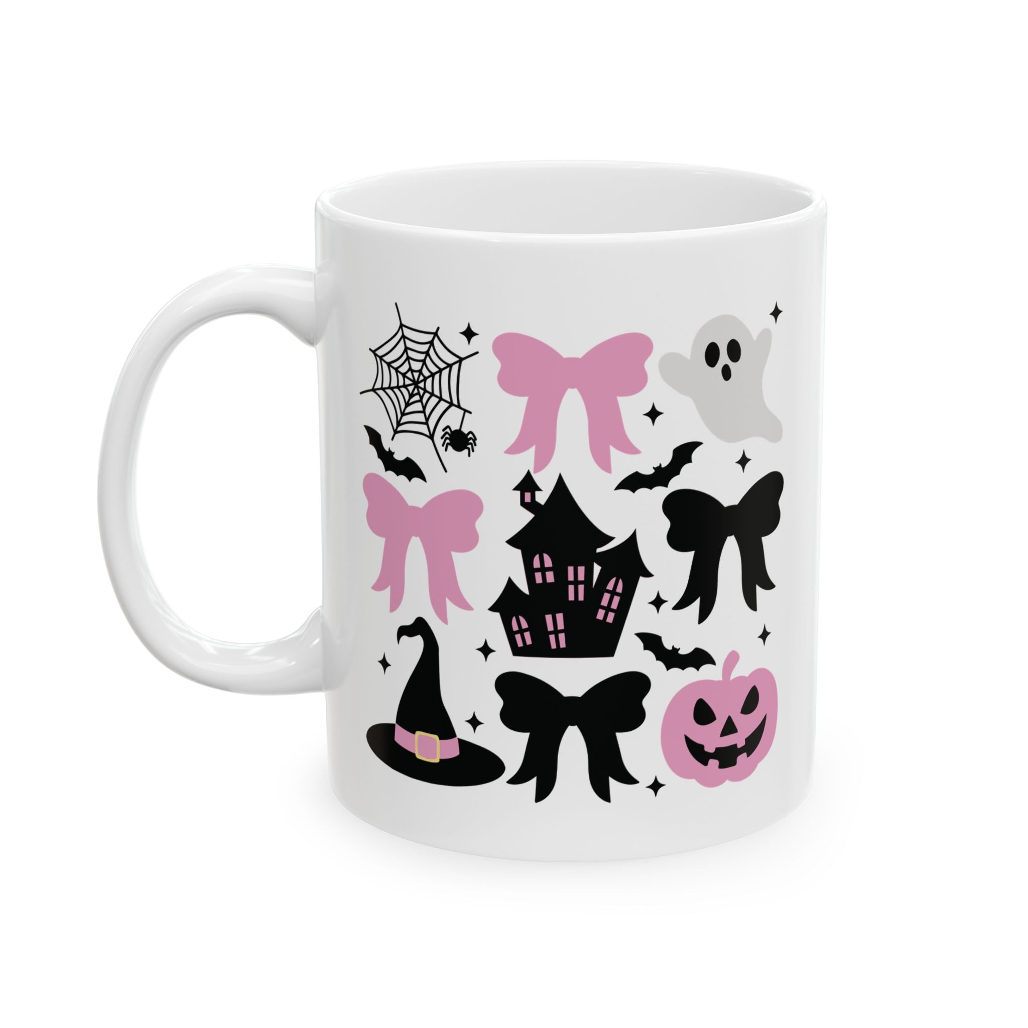 Coquette Halloween Spooky Halloween Ceramic Mug - Ghosts, Pumpkins, and Bows Pumpkin Pink Bows Cute Halloween Design Spooky Haunted House