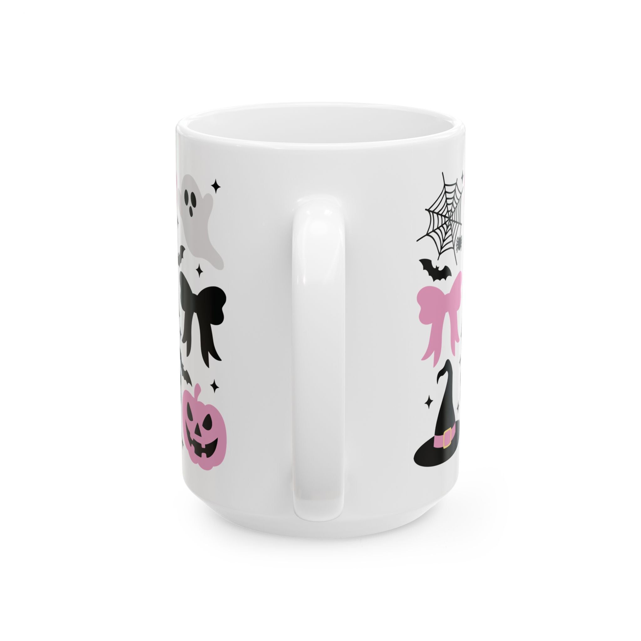 Coquette Halloween Spooky Halloween Ceramic Mug - Ghosts, Pumpkins, and Bows Pumpkin Pink Bows Cute Halloween Design Spooky Haunted House