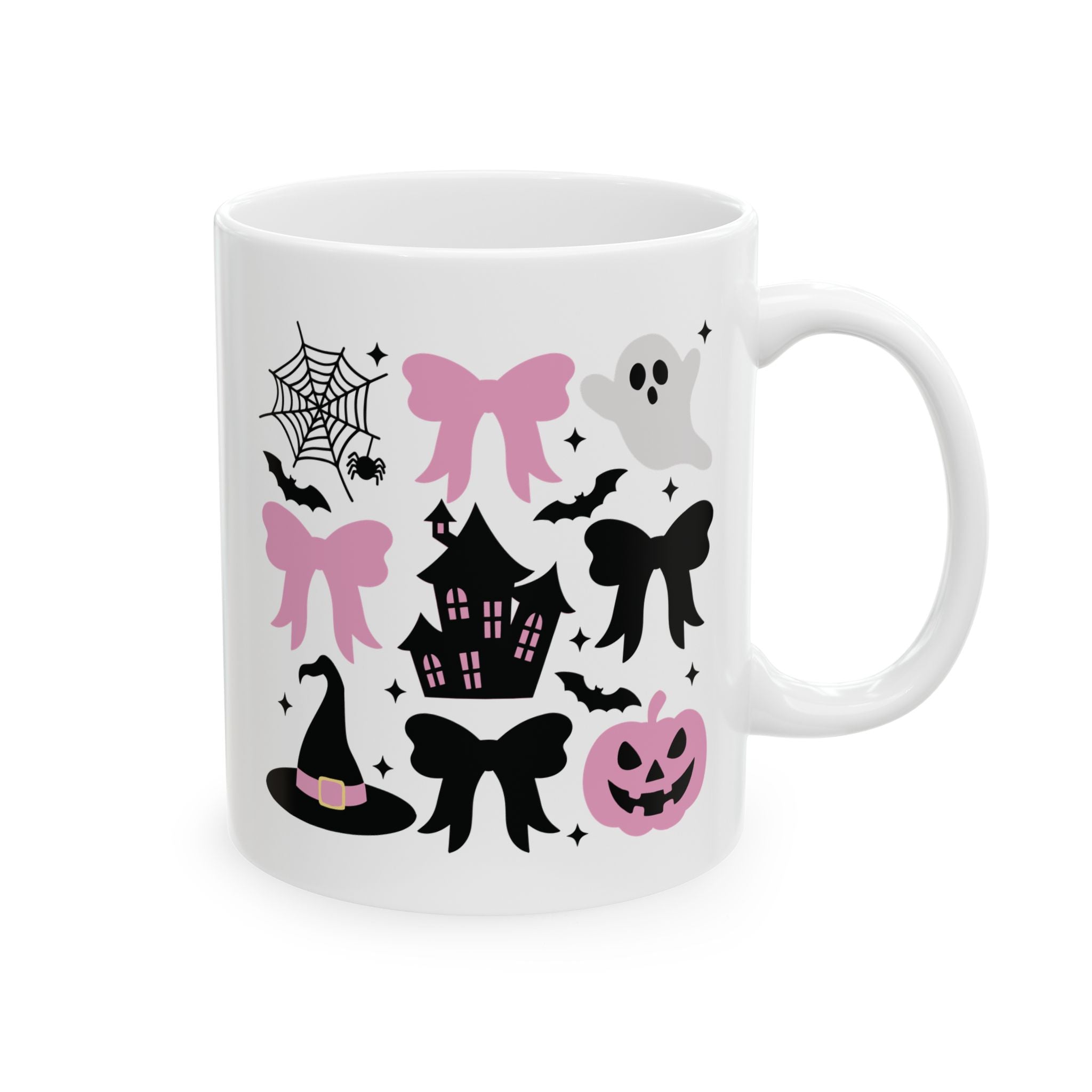 Coquette Halloween Spooky Halloween Ceramic Mug - Ghosts, Pumpkins, and Bows Pumpkin Pink Bows Cute Halloween Design Spooky Haunted House
