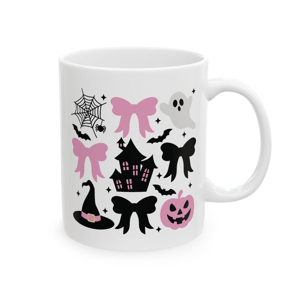 Coquette Halloween Spooky Halloween Ceramic Mug - Ghosts, Pumpkins, and Bows Pumpkin Pink Bows Cute Halloween Design Spooky Haunted House