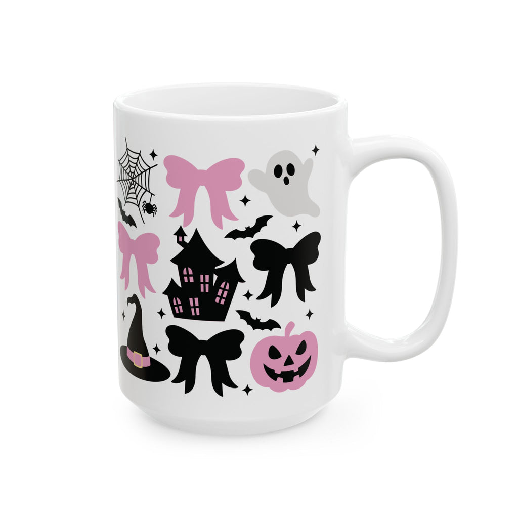 Coquette Halloween Spooky Halloween Ceramic Mug - Ghosts, Pumpkins, and Bows Pumpkin Pink Bows Cute Halloween Design Spooky Haunted House