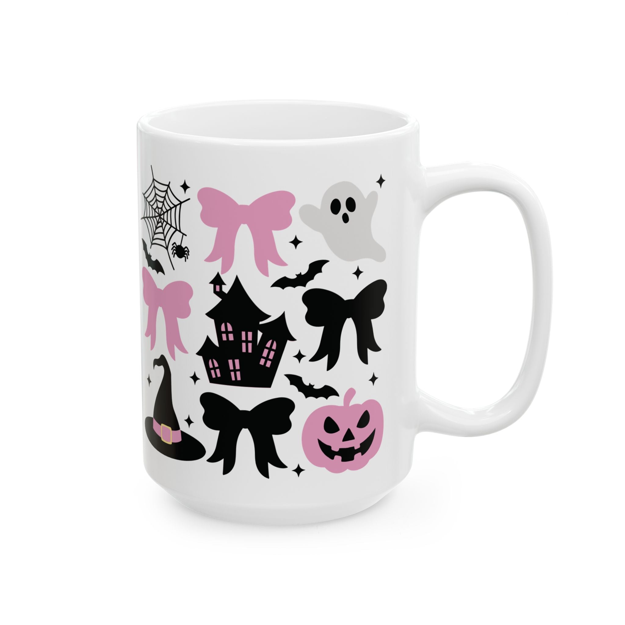 Coquette Halloween Spooky Halloween Ceramic Mug - Ghosts, Pumpkins, and Bows Pumpkin Pink Bows Cute Halloween Design Spooky Haunted House