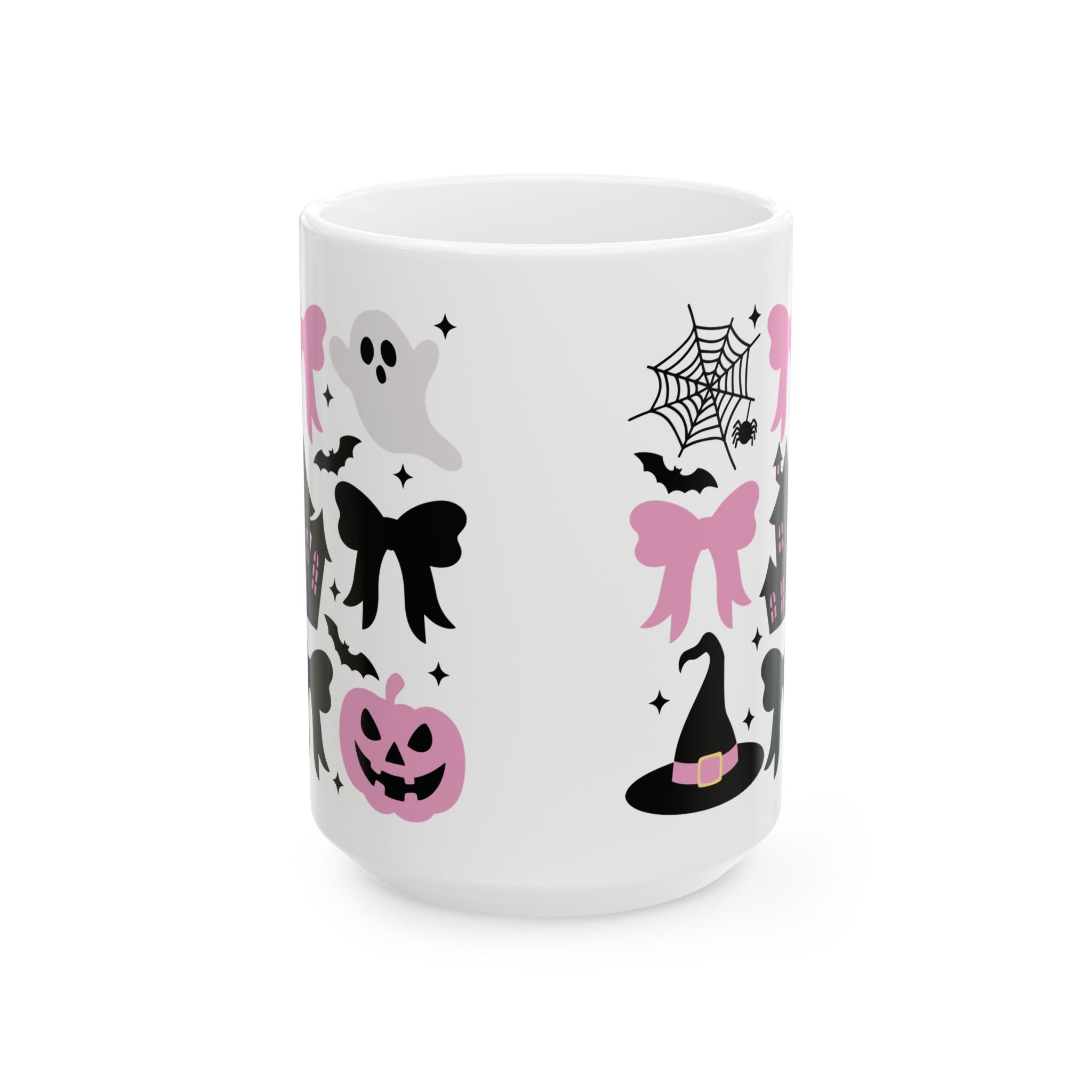 Coquette Halloween Spooky Halloween Ceramic Mug - Ghosts, Pumpkins, and Bows Pumpkin Pink Bows Cute Halloween Design Spooky Haunted House