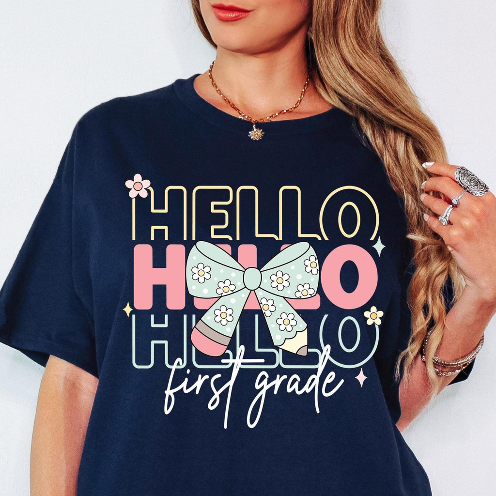 Hello First Grade Png First Day Of School Png Back to School Coquette Kindergarten Pre-K 1st 2nd 3rd Grade Sublimation Design DTF Download