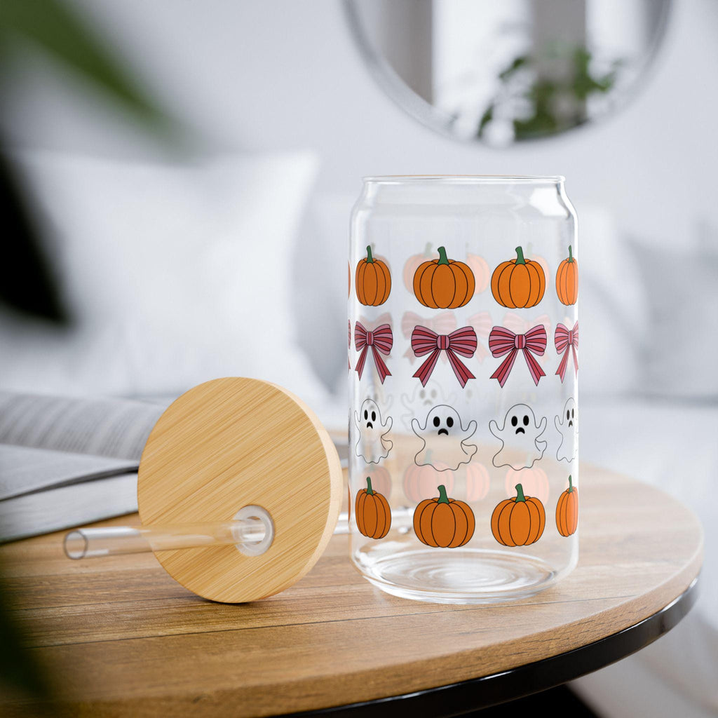 Pumpkin Ghost Sipper Glass, 16oz, Halloween Drinkware, Ghoul-Themed Party Cup, Fall Decor, Eco-Friendly Straw, Cute Kitchen Gift