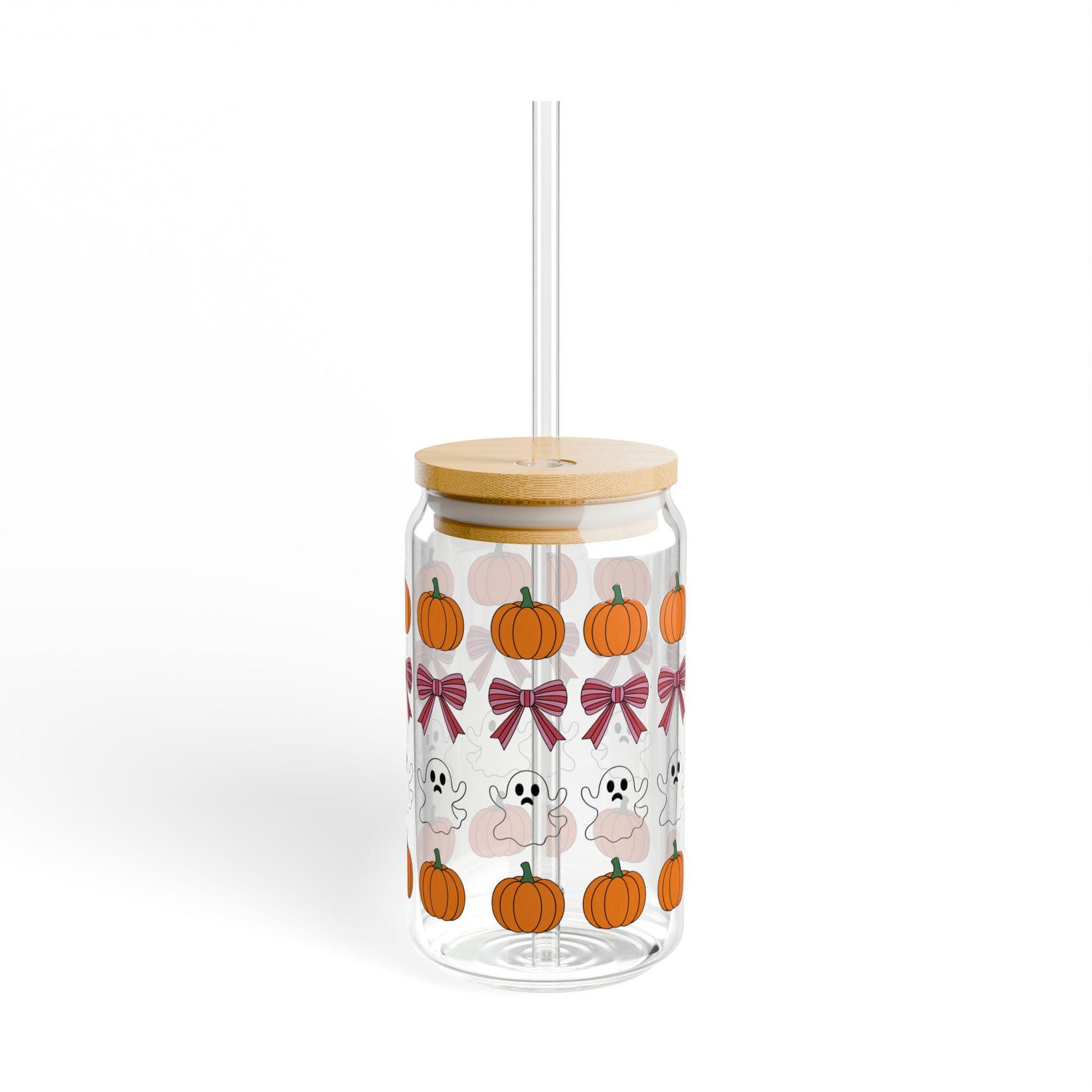 Pumpkin Ghost Sipper Glass, 16oz, Halloween Drinkware, Ghoul-Themed Party Cup, Fall Decor, Eco-Friendly Straw, Cute Kitchen Gift