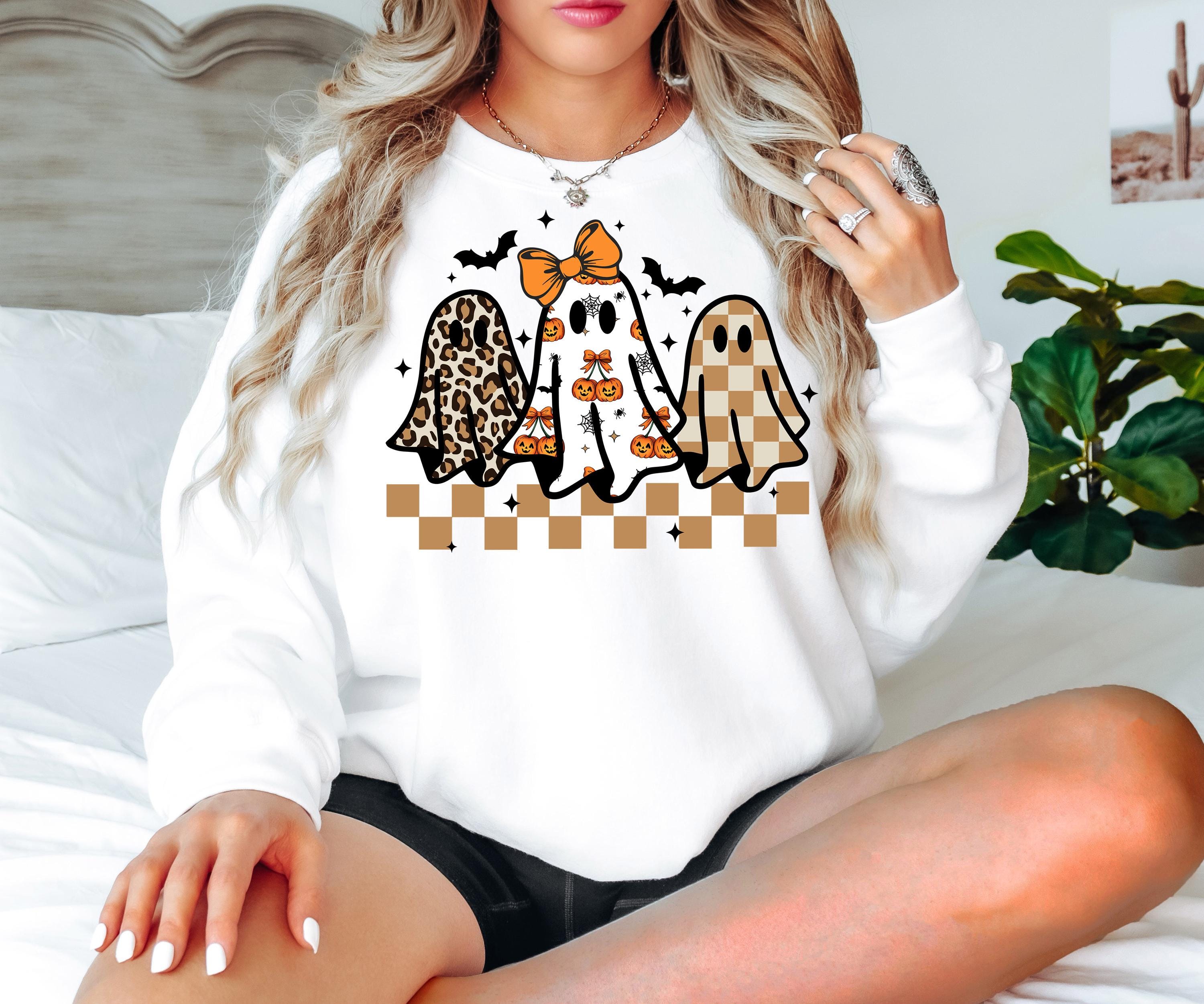 Coquette Halloween Ghost Leopard Shirt Cute Boo Ghost Preppy Tee, Halloween Sweatshirt