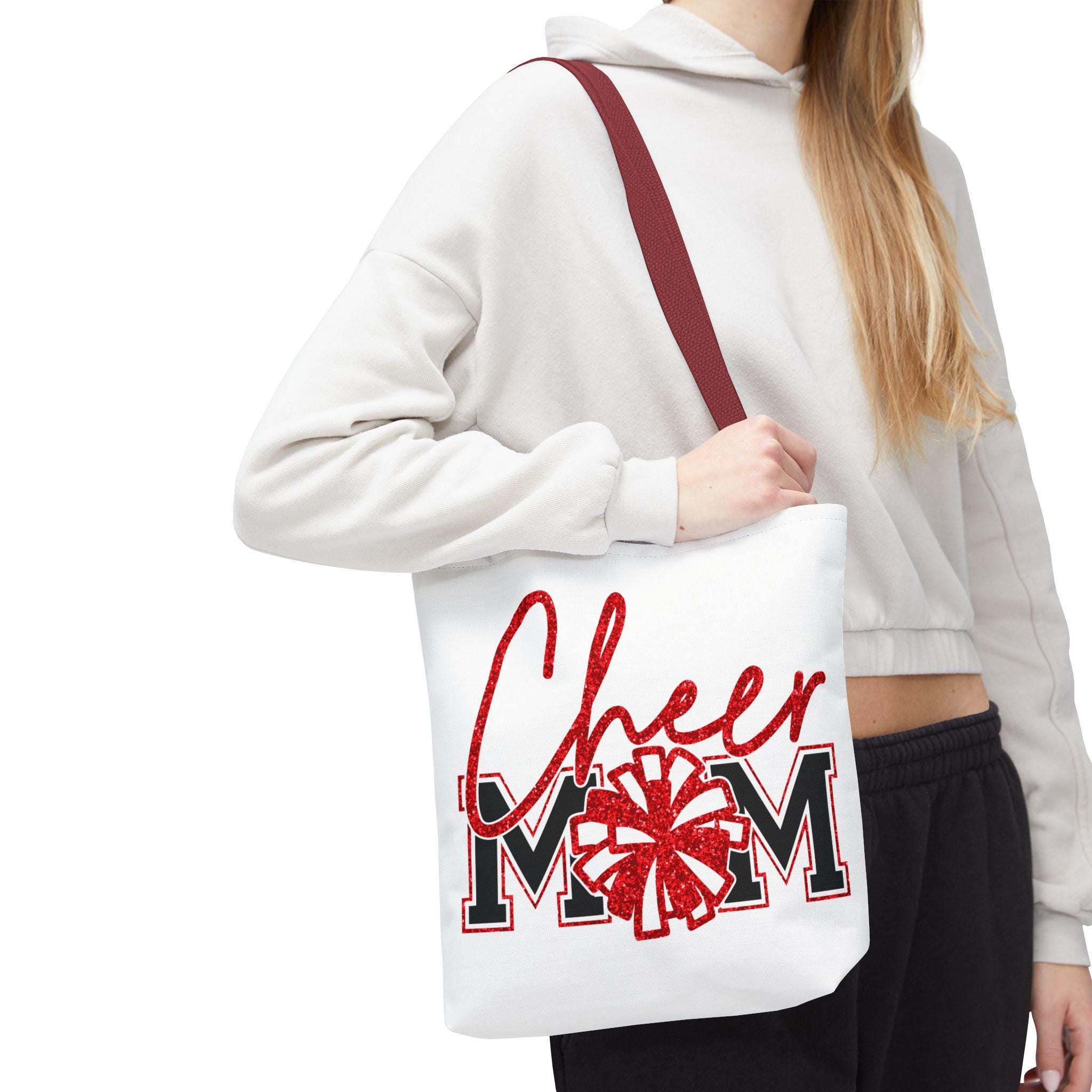 Cheer Mom Tote Bag | Sports Mom Gift | Red Glitter | Game Day Essentials | Cute Tote for Soccer Moms, AOP Design