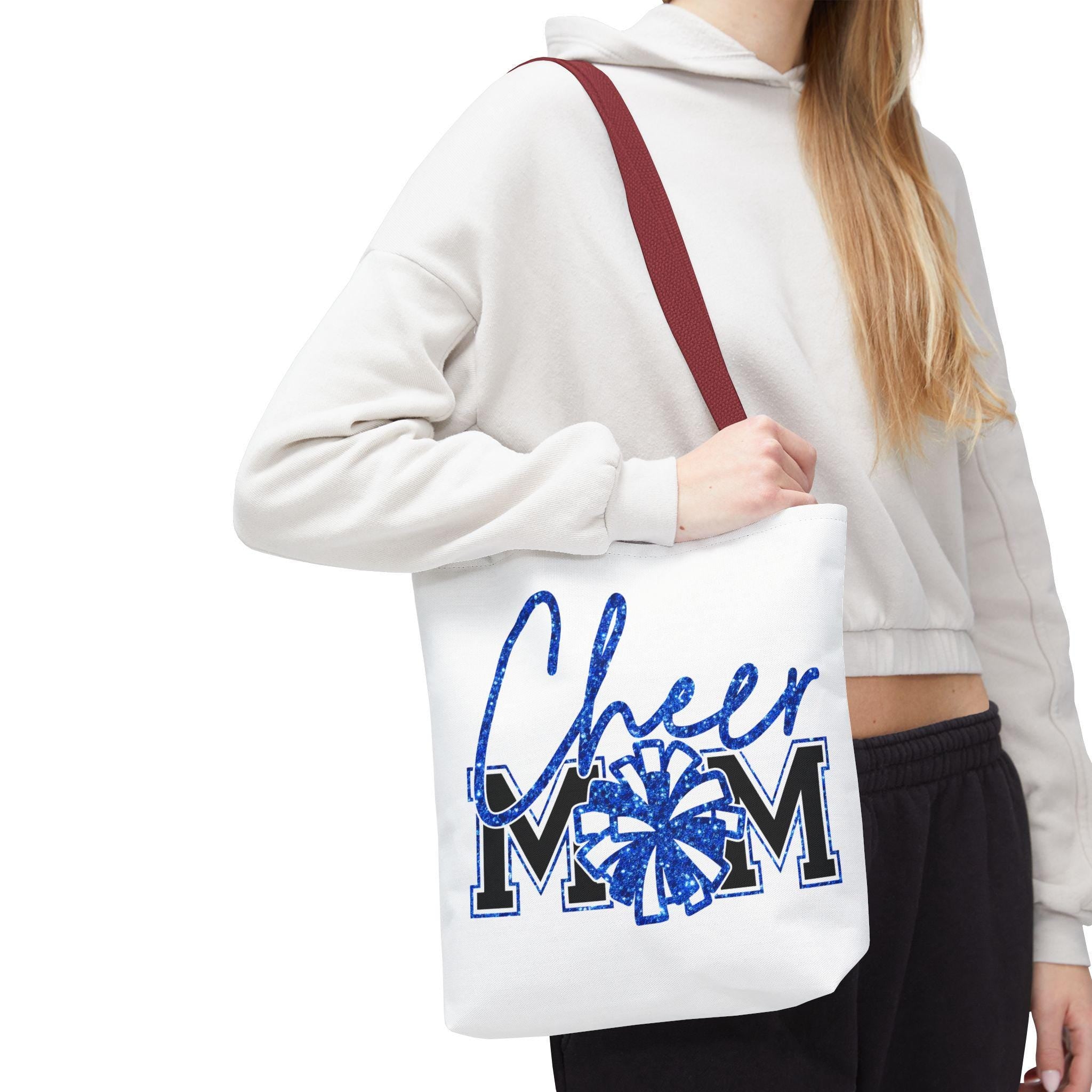 Cheer Mom Tote Bag | Sports Mom Gift | Blue Faux Glitter | Game Day Essentials | Cute Tote for Soccer Moms, AOP Design