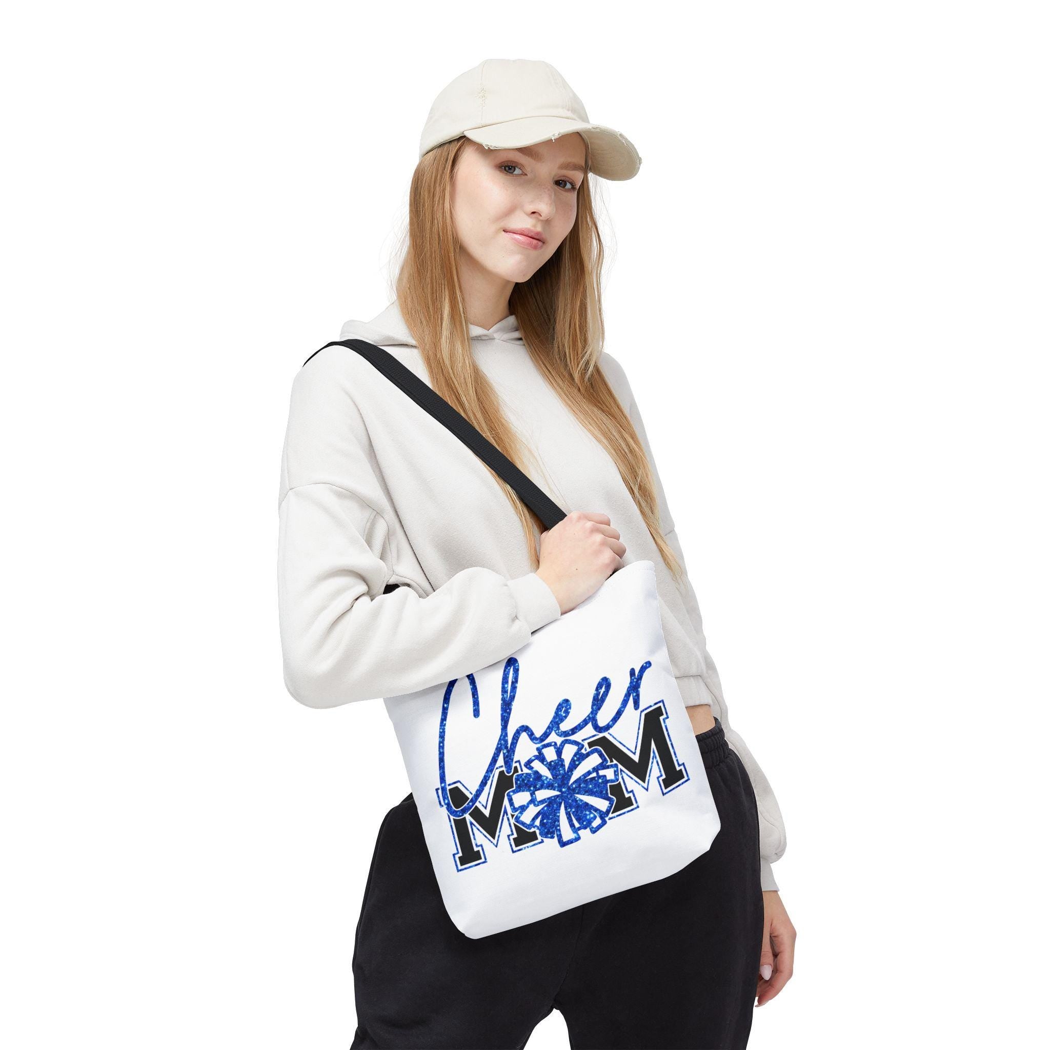 Cheer Mom Tote Bag | Sports Mom Gift | Blue Faux Glitter | Game Day Essentials | Cute Tote for Soccer Moms, AOP Design