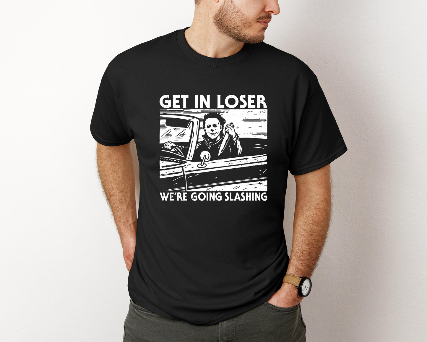 Get in Loser we're Going Slashing T-Shirt, Halloween Shirt, Slasher T-shirt, Holiday T-Shirt, Halloween Unisex Heavy Cotton Tee Whimsical
