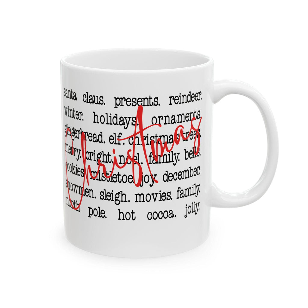 Christmas Words Holiday Ceramic Mug, Holiday Coffee Cup, Festive Drinkware, Santa Claus Gift, Winter Home Decor, Cozy Family Gathering