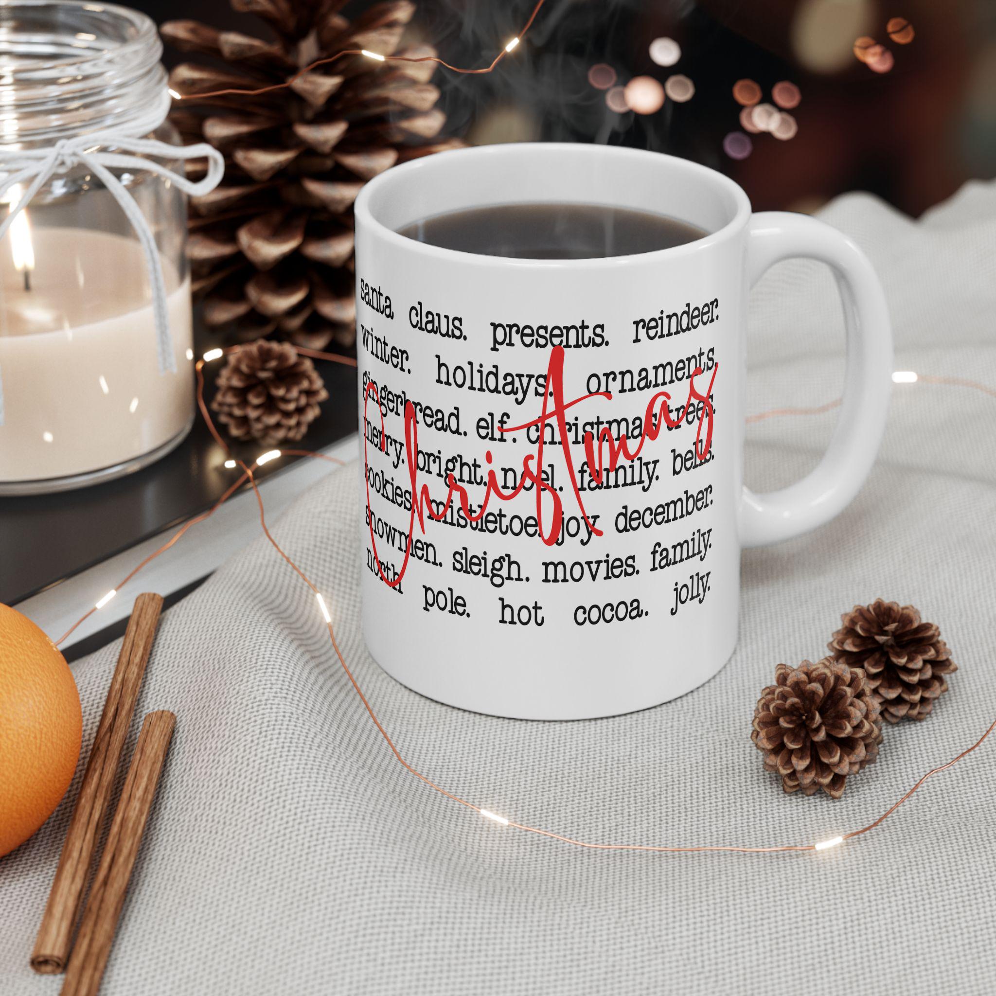 Christmas Words Holiday Ceramic Mug, Holiday Coffee Cup, Festive Drinkware, Santa Claus Gift, Winter Home Decor, Cozy Family Gathering