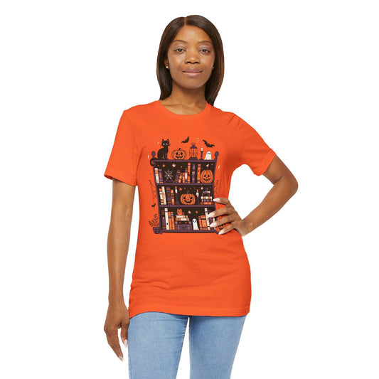 Halloween Bookshelf Tee, Spooky Vintage Graphic Shirt, Cute Witchy T-shirt, Minimalist Halloween Top, Unisex Jersey Short Sleeve Tee, Creepy