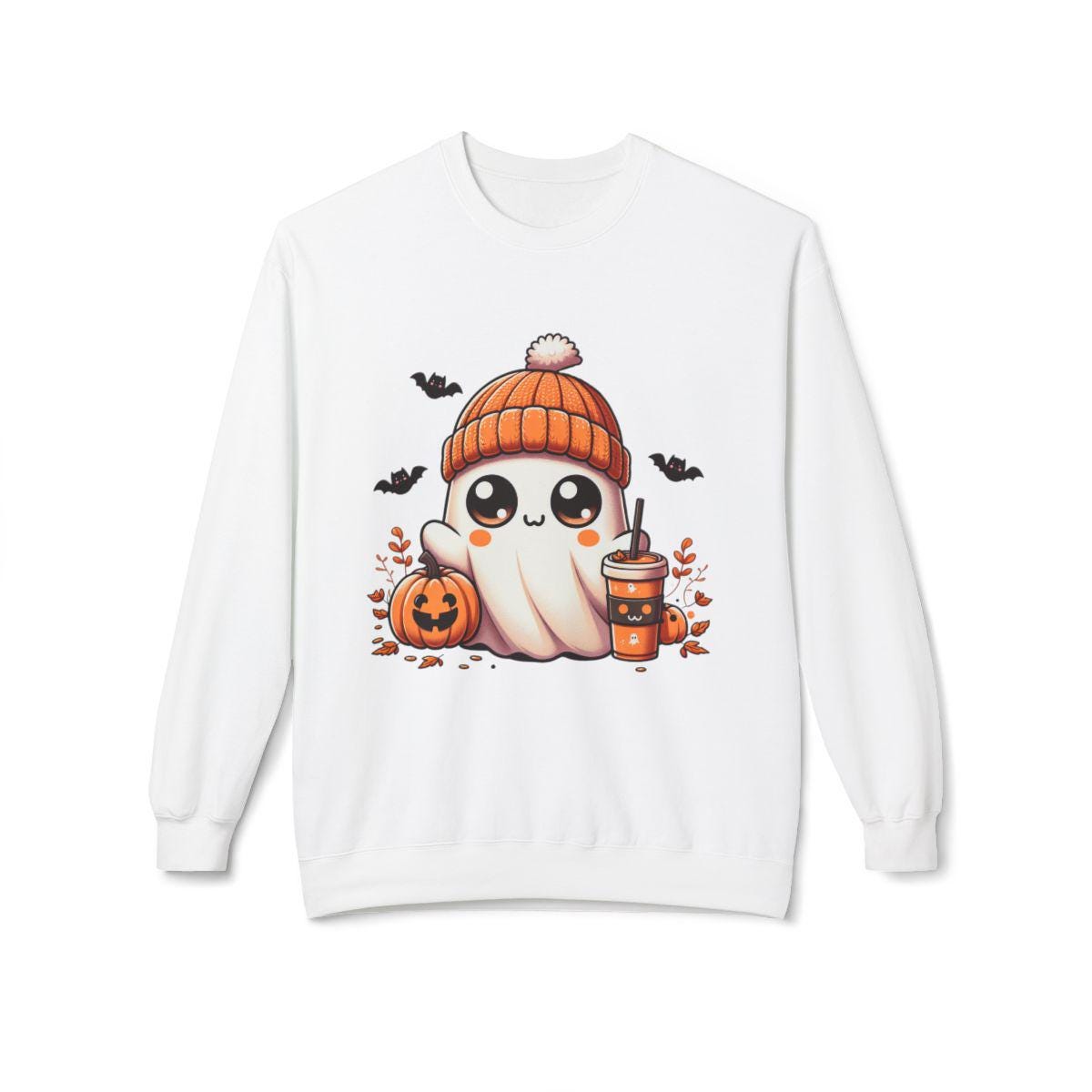 Kawaii Halloween Ghost Tee, Cute Orange Beanie Pumpkin Spice T-shirt, Soft Cozy Autumn Shirt, Whimsical Fall Graphic Top, Spooky