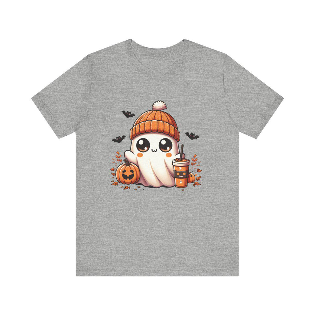 Kawaii Halloween Ghost Tee, Cute Orange Beanie Pumpkin Spice T-shirt, Soft Cozy Autumn Shirt, Whimsical Fall Graphic Top, Spooky
