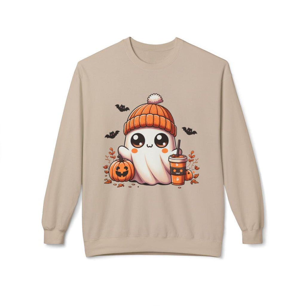 Kawaii Halloween Ghost Tee, Cute Orange Beanie Pumpkin Spice T-shirt, Soft Cozy Autumn Shirt, Whimsical Fall Graphic Top, Spooky
