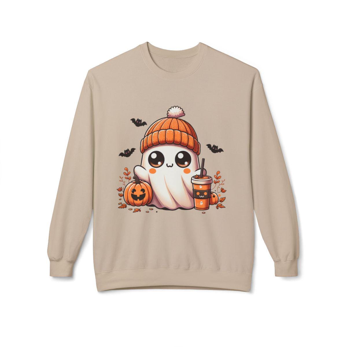 Kawaii Halloween Ghost Tee, Cute Orange Beanie Pumpkin Spice T-shirt, Soft Cozy Autumn Shirt, Whimsical Fall Graphic Top, Spooky