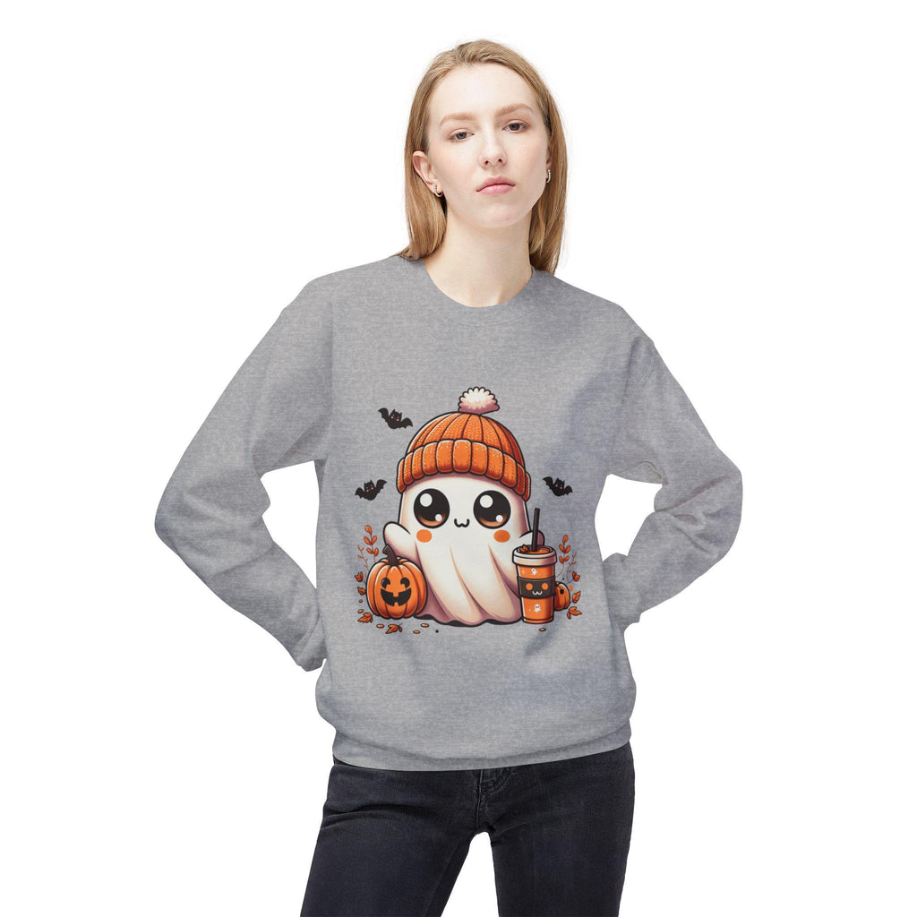 Kawaii Halloween Ghost Tee, Cute Orange Beanie Pumpkin Spice T-shirt, Soft Cozy Autumn Shirt, Whimsical Fall Graphic Top, Spooky