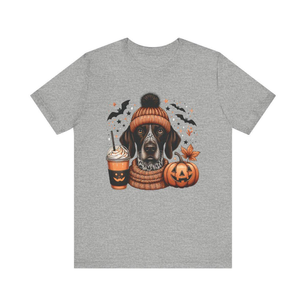 German Shorthaired Pointer Dog GSP Halloween Tee, Cute Dog in Beanie with Pumpkin Spice Drink, Unisex Jersey Shirt, Halloween T-Shirt