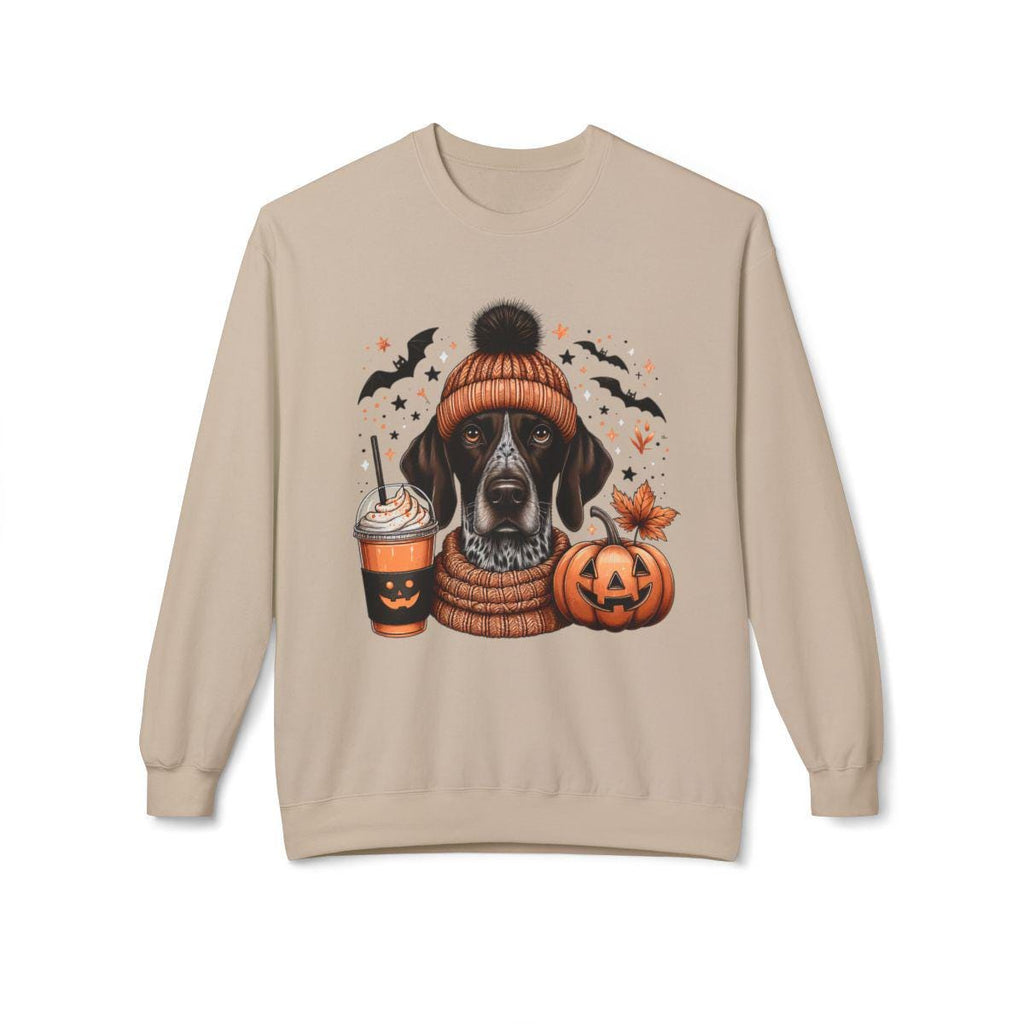 German Shorthaired Pointer Dog GSP Halloween Tee, Cute Dog in Beanie with Pumpkin Spice Drink, Unisex Jersey Shirt, Halloween T-Shirt