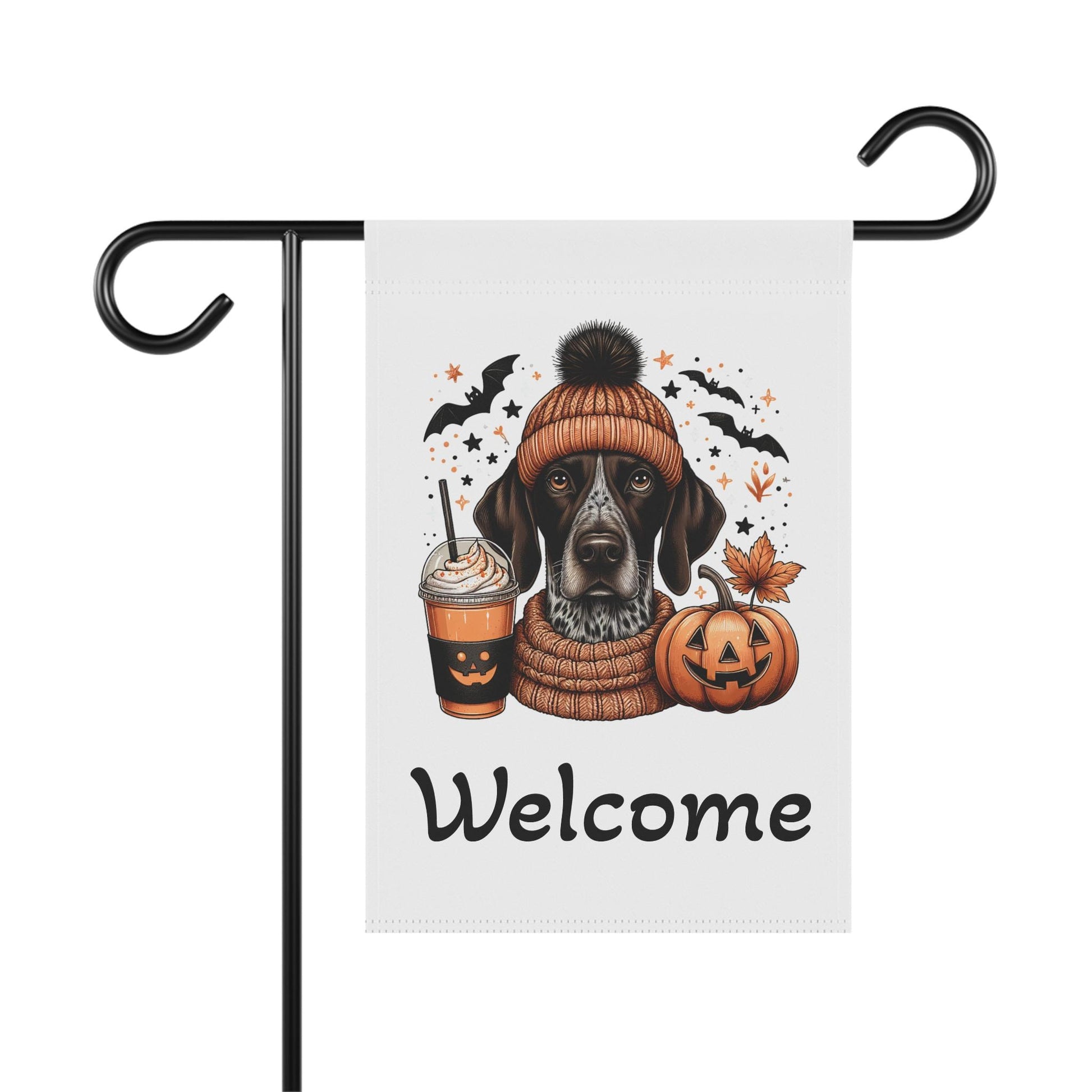 Outdoor Flag, German Shorthaired Pointer Dog GSP Halloween Banner, Cute Dog in Beanie with Pumpkin Spice Drink, Garden House Decor