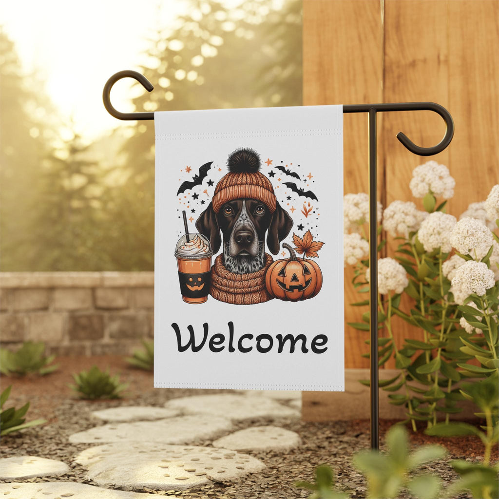 Outdoor Flag, German Shorthaired Pointer Dog GSP Halloween Banner, Cute Dog in Beanie with Pumpkin Spice Drink, Garden House Decor
