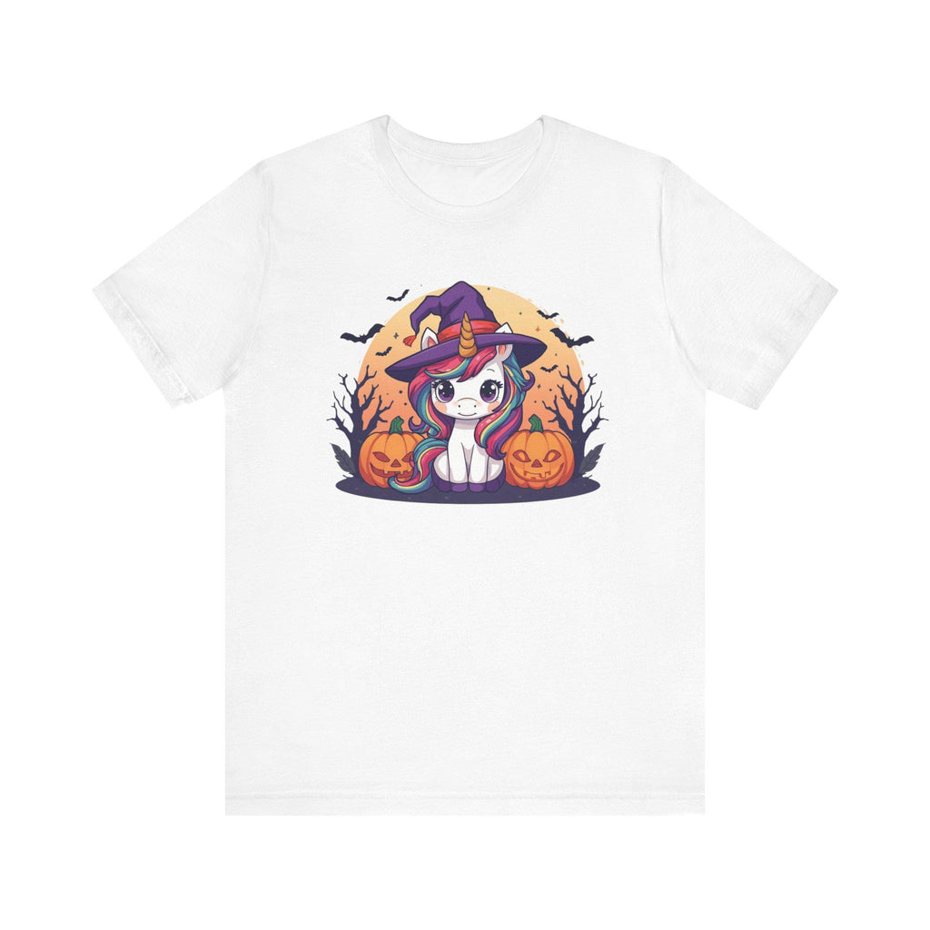 Kawaii Halloween Unicorn T-Shirt, Rainbow Mane Witch Hat Tee, Spooky Trees Jack-o-lanterns, Cute Cartoon Graphic