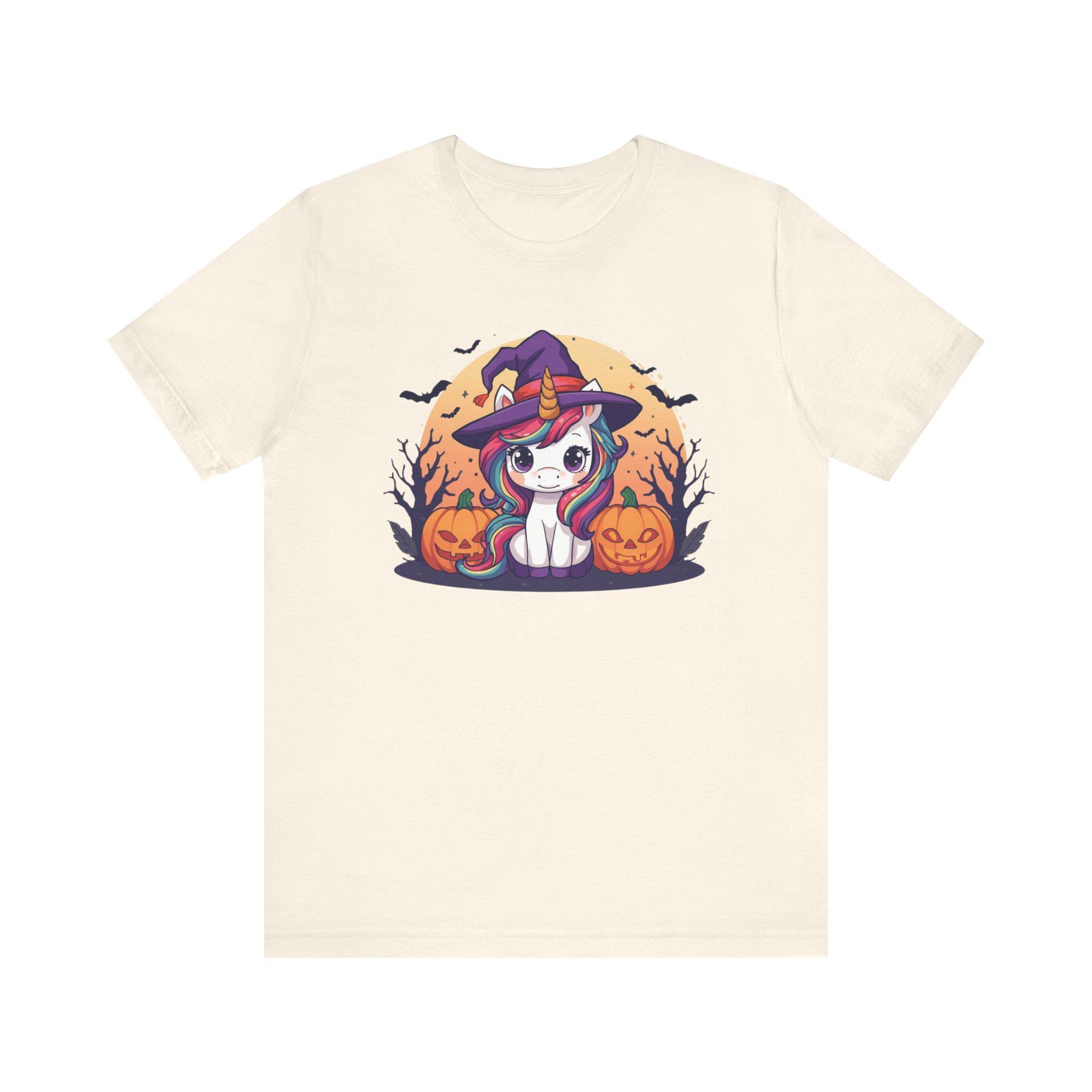 Kawaii Halloween Unicorn T-Shirt, Rainbow Mane Witch Hat Tee, Spooky Trees Jack-o-lanterns, Cute Cartoon Graphic