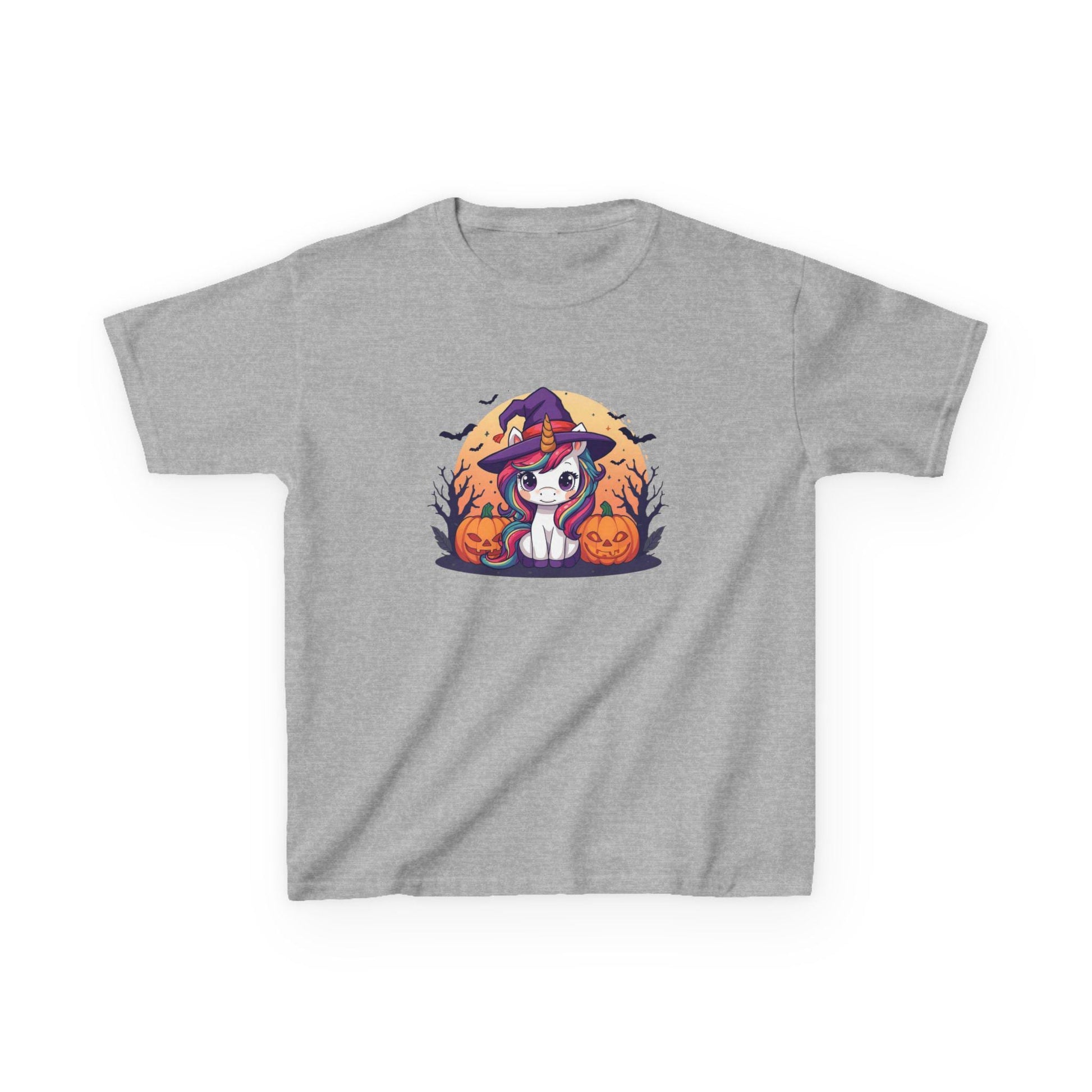 Kawaii Halloween Unicorn Kids T-Shirt, Rainbow Mane Witch Hat Tee, Spooky Trees Jack-o-lanterns, Cute Cartoon Graphic