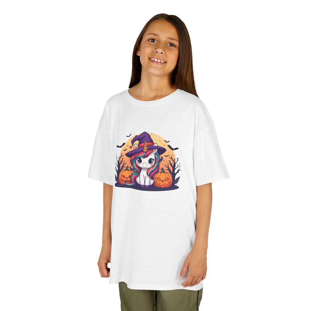 Kawaii Halloween Unicorn Kids T-Shirt, Rainbow Mane Witch Hat Tee, Spooky Trees Jack-o-lanterns, Cute Cartoon Graphic