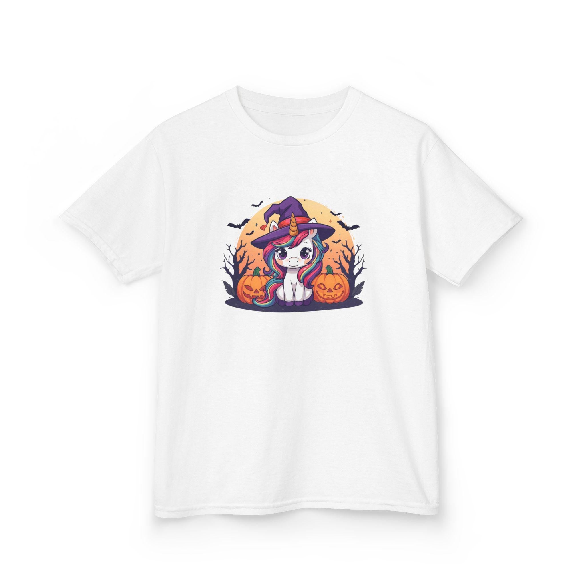 Kawaii Halloween Unicorn Kids T-Shirt, Rainbow Mane Witch Hat Tee, Spooky Trees Jack-o-lanterns, Cute Cartoon Graphic