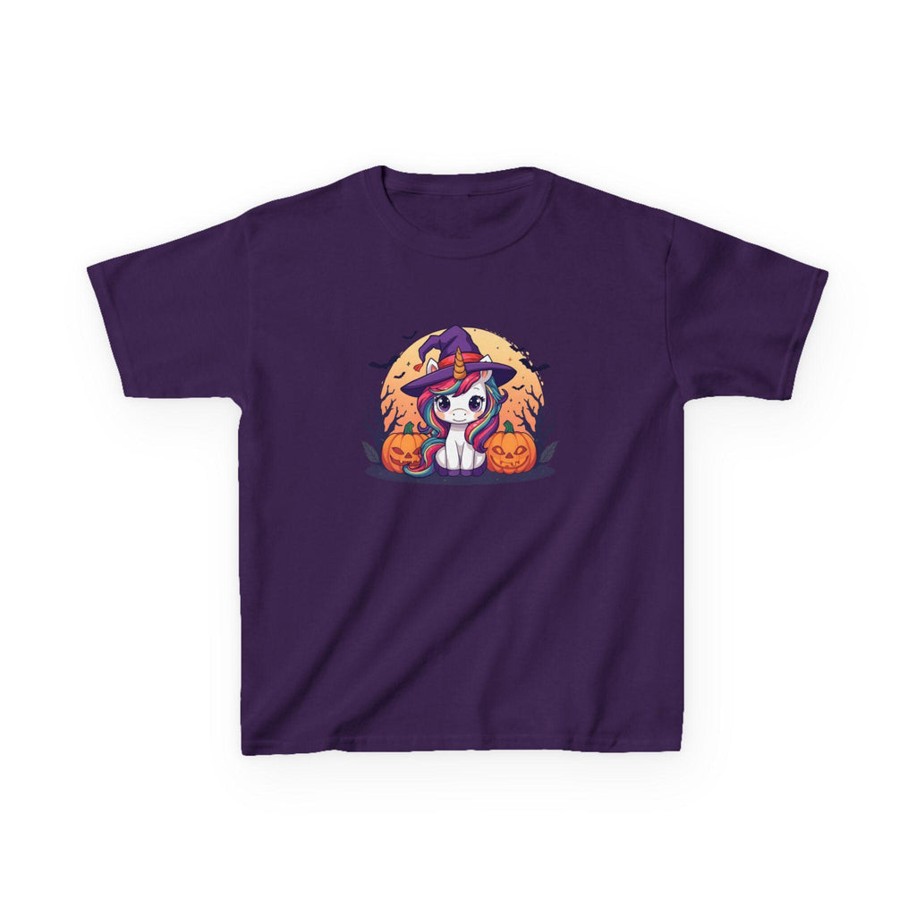 Kawaii Halloween Unicorn Kids T-Shirt, Rainbow Mane Witch Hat Tee, Spooky Trees Jack-o-lanterns, Cute Cartoon Graphic