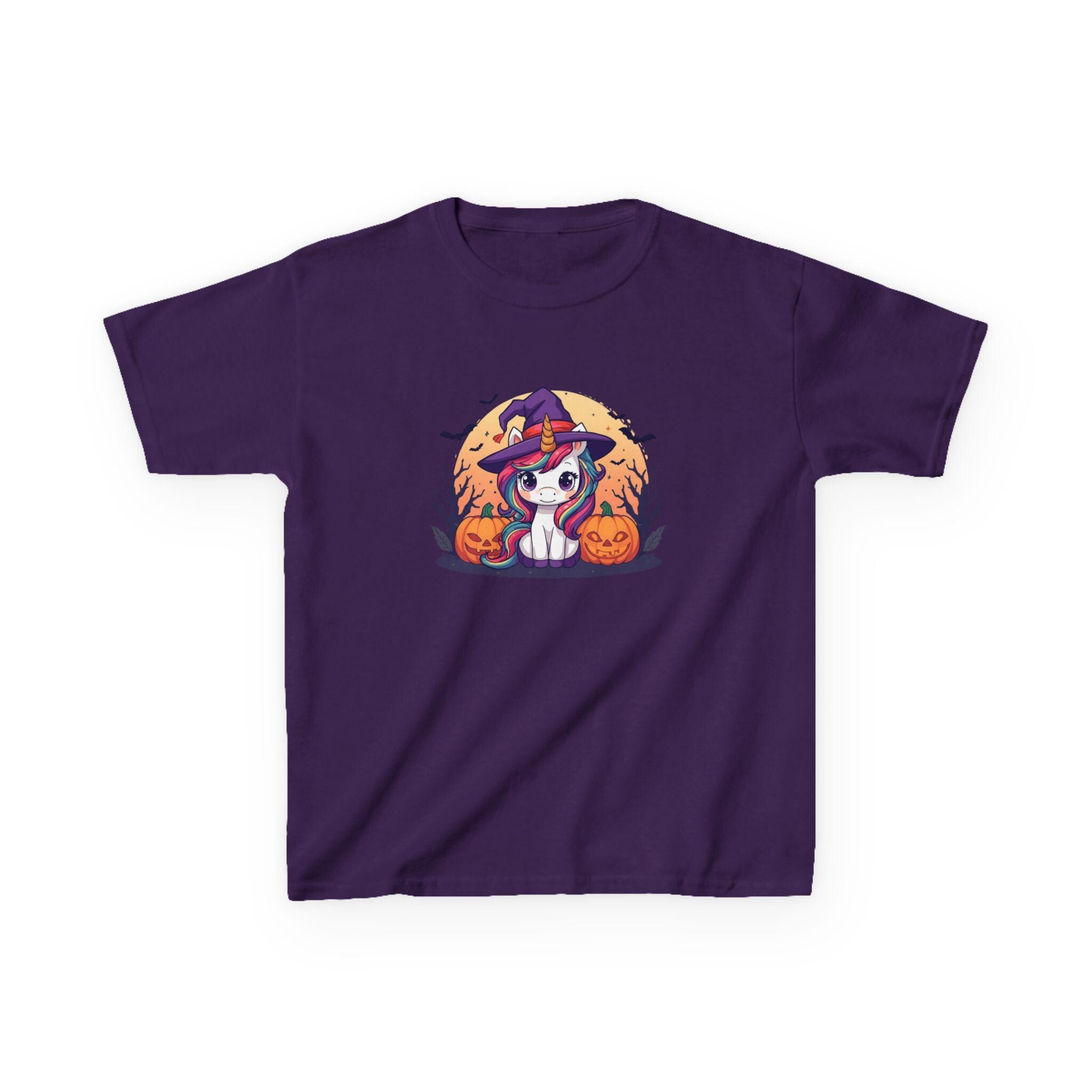 Kawaii Halloween Unicorn Kids T-Shirt, Rainbow Mane Witch Hat Tee, Spooky Trees Jack-o-lanterns, Cute Cartoon Graphic