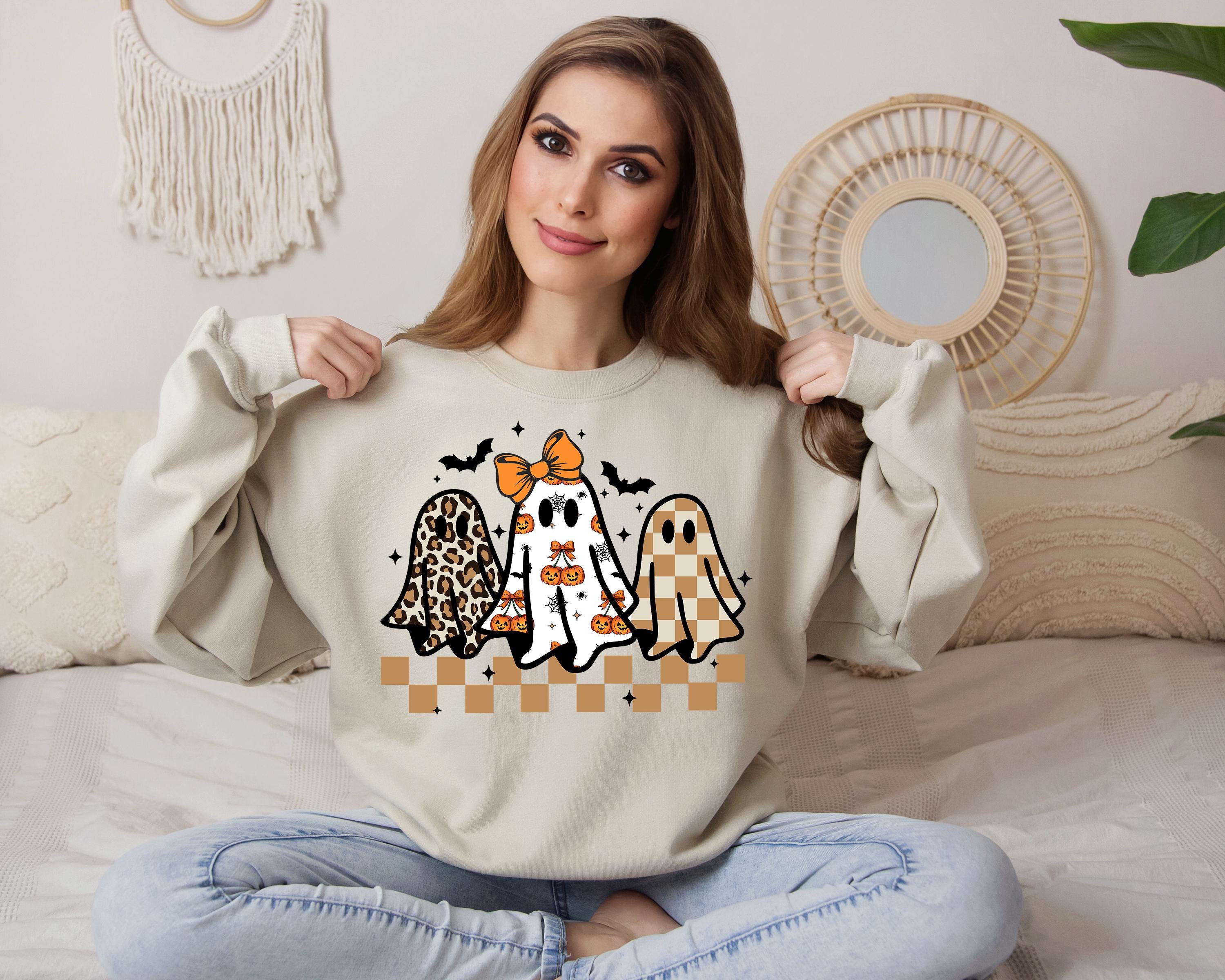 Coquette Halloween Ghost Leopard Shirt Cute Boo Ghost Preppy Tee, Halloween Sweatshirt