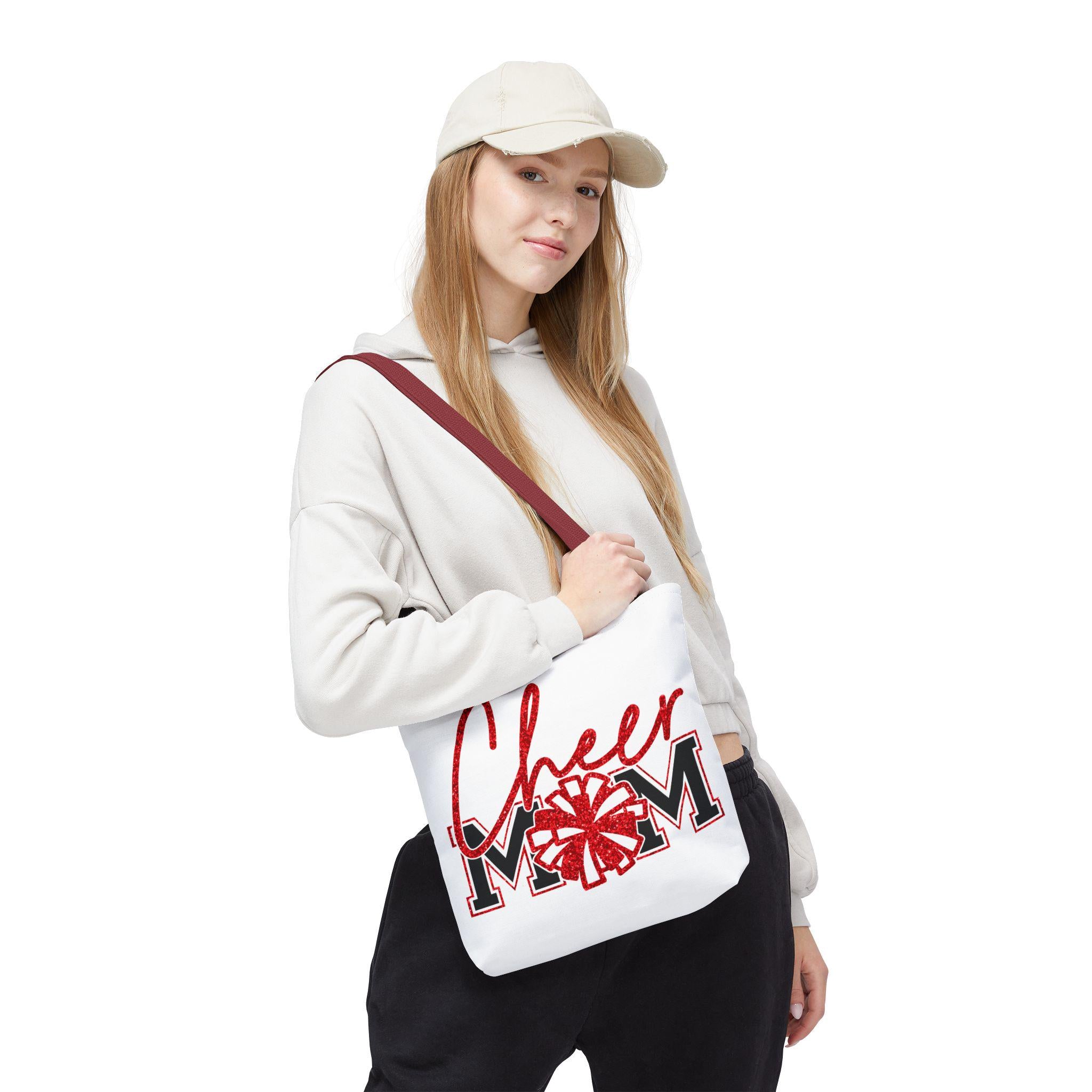 Cheer Mom Tote Bag | Sports Mom Gift | Red Glitter | Game Day Essentials | Cute Tote for Soccer Moms, AOP Design