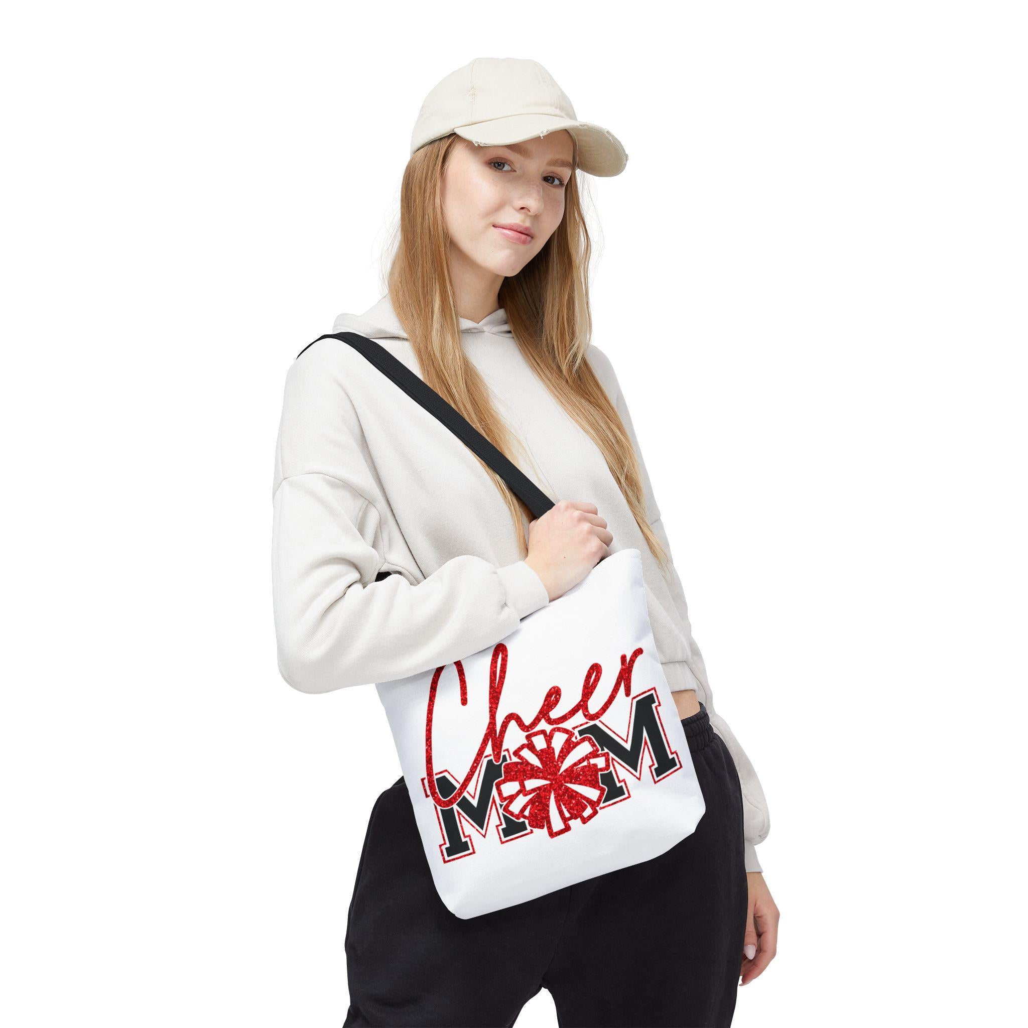 Cheer Mom Tote Bag | Sports Mom Gift | Red Glitter | Game Day Essentials | Cute Tote for Soccer Moms, AOP Design
