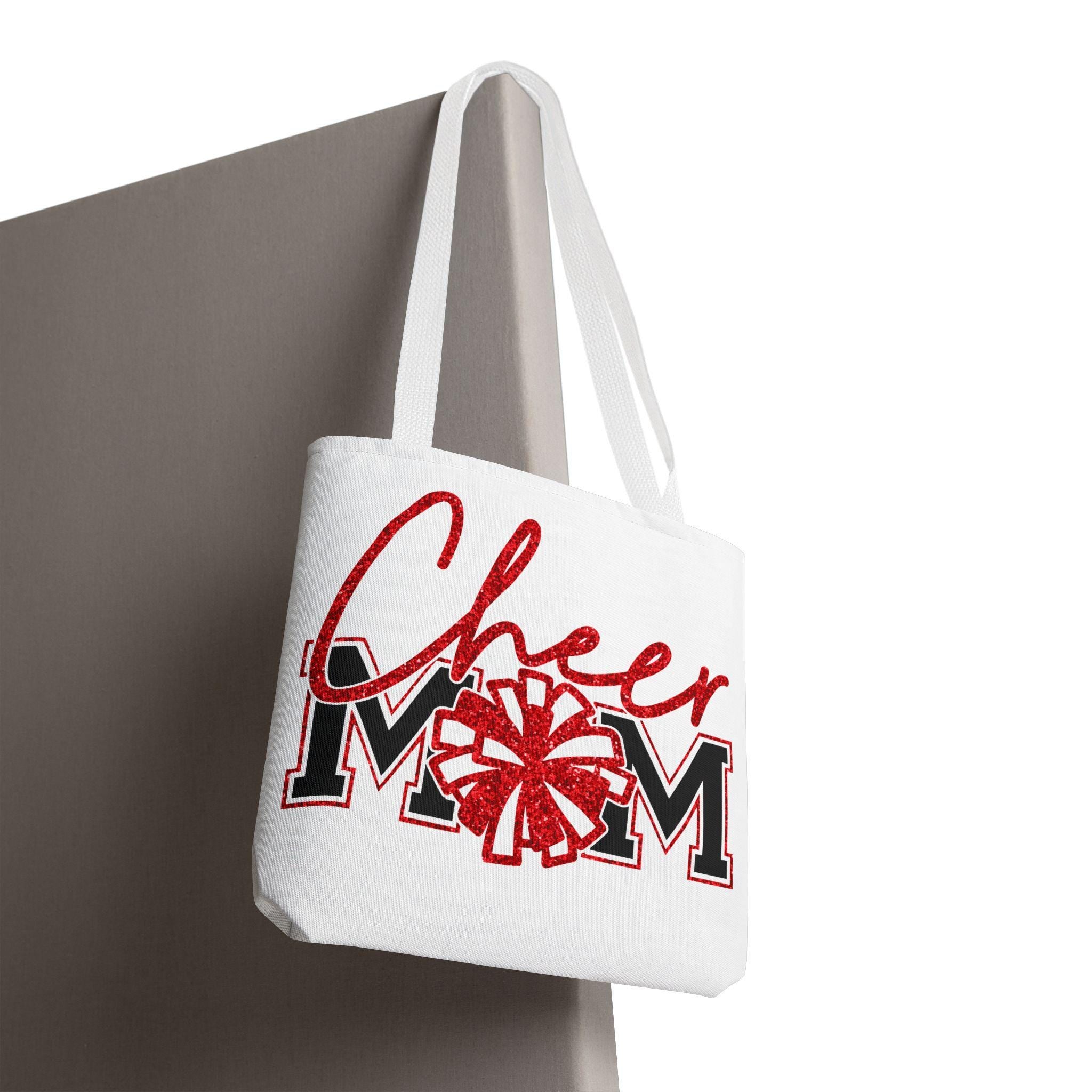 Cheer Mom Tote Bag | Sports Mom Gift | Red Glitter | Game Day Essentials | Cute Tote for Soccer Moms, AOP Design