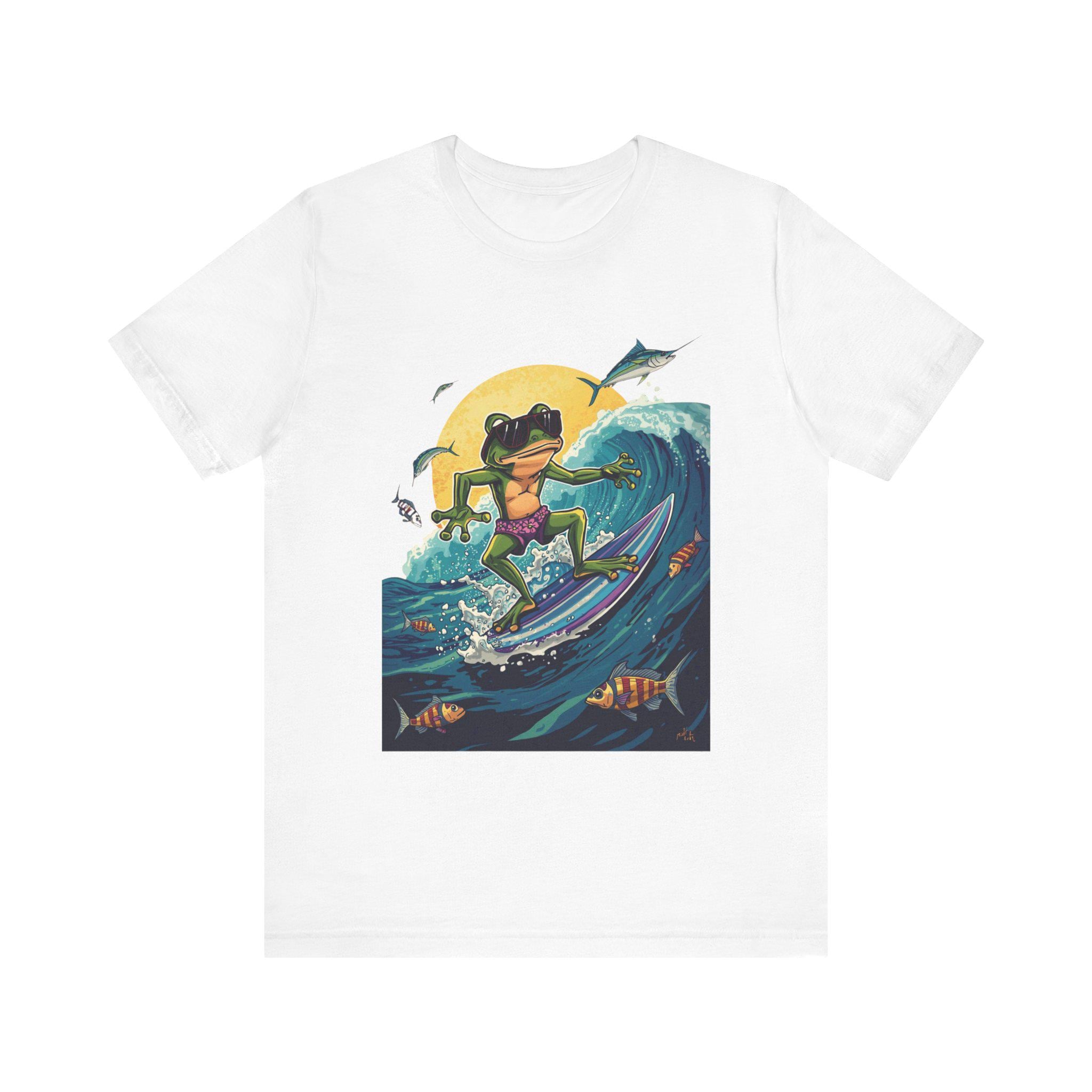 Frog Surfing Tee, Cool Frog Riding Manta Ray Wave Shirt, Fun Cartoon Animal Top, Unisex Beach Graphic T-Shirt, Ocean Lover Gift, Surfing