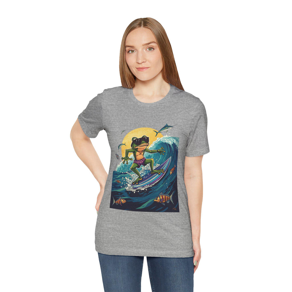 Frog Surfing Tee, Cool Frog Riding Manta Ray Wave Shirt, Fun Cartoon Animal Top, Unisex Beach Graphic T-Shirt, Ocean Lover Gift, Surfing