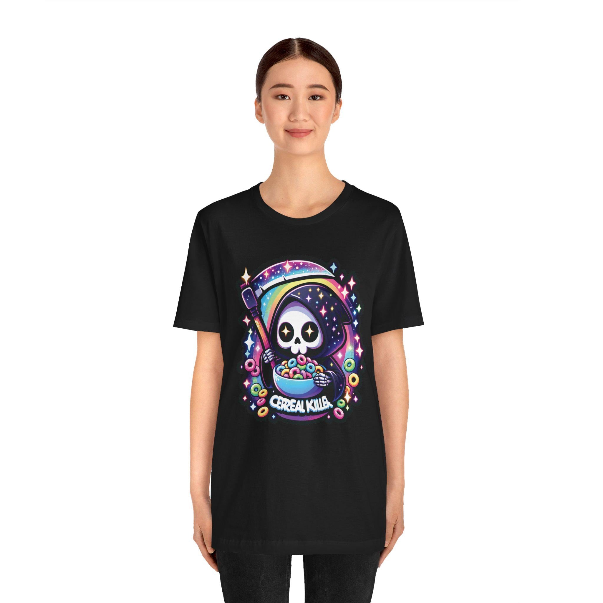 Kawaii Grim Reaper Cereal Killer Tee, Cute Cartoon Shirt, Skeleton Scythe Hoodie Top, Galaxy Stars, Rainbow Scythe T-shirt, Pastel Goth