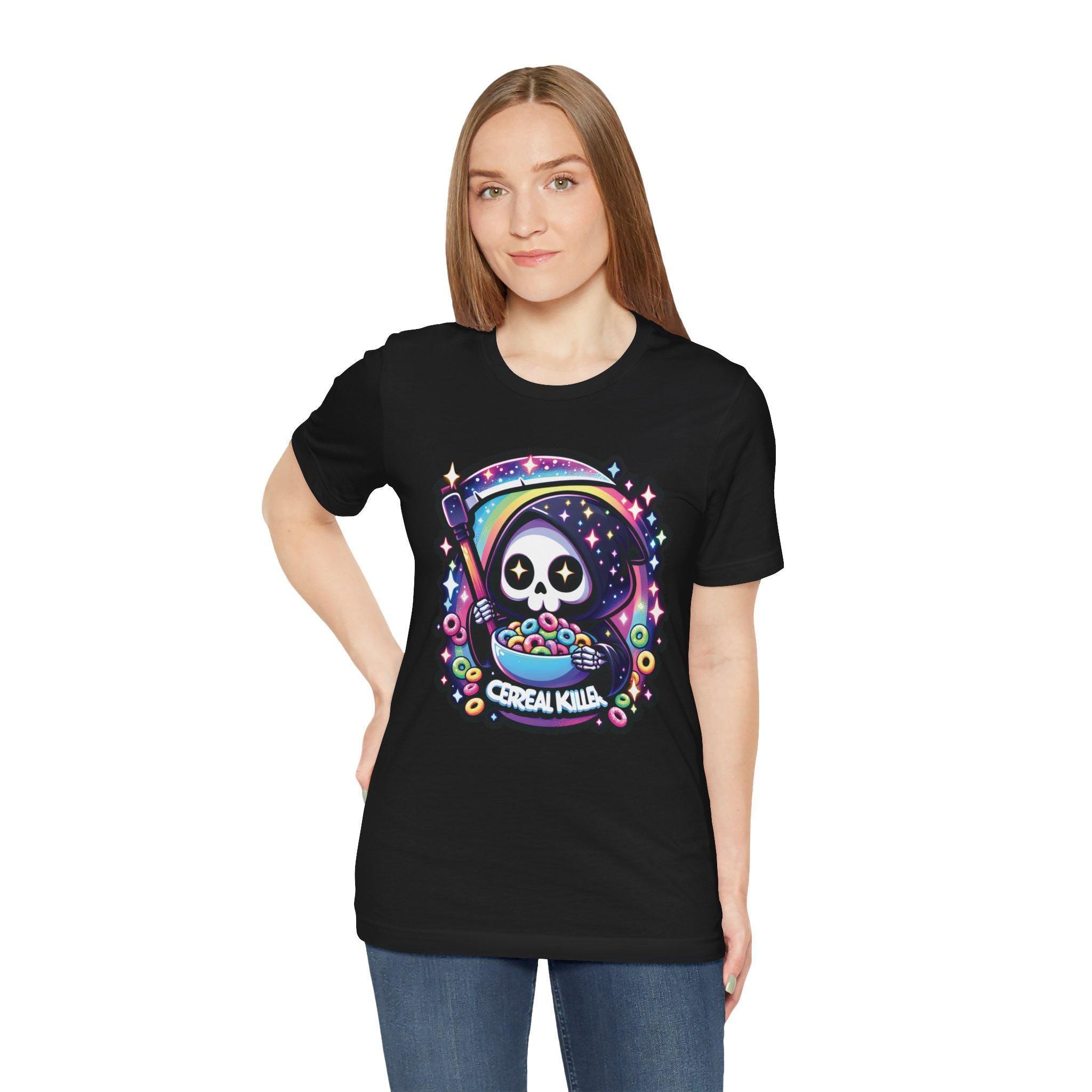 Kawaii Grim Reaper Cereal Killer Tee, Cute Cartoon Shirt, Skeleton Scythe Hoodie Top, Galaxy Stars, Rainbow Scythe T-shirt, Pastel Goth