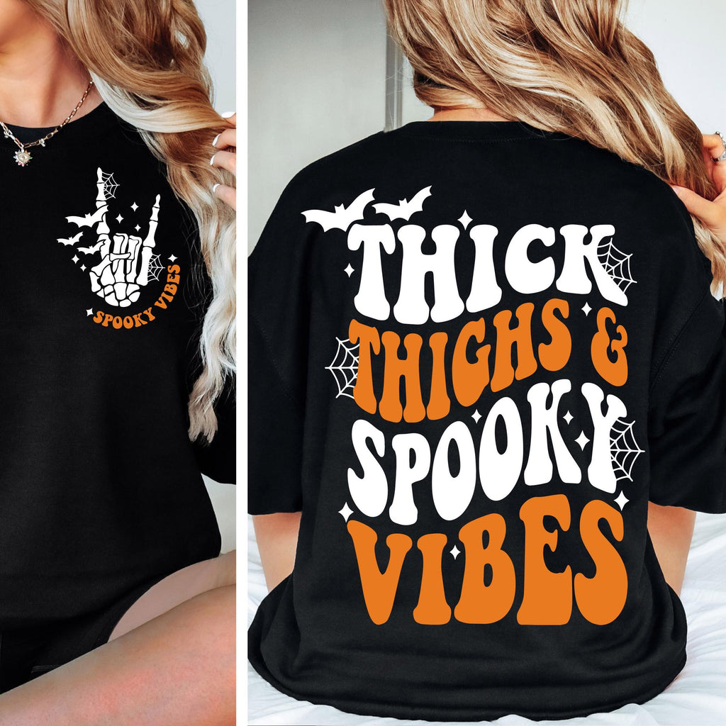 Thick Thighs Spooky Vibes Sweatshirt: Retro Halloween Graphic Tee