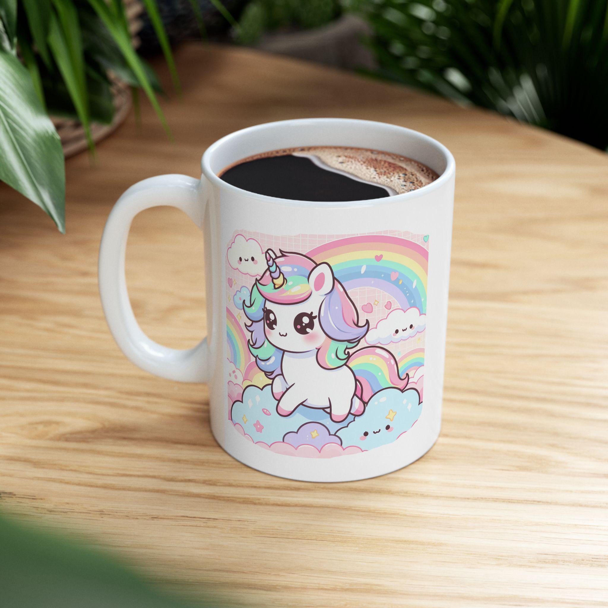 Kawaii Rainbow Unicorn Ceramic Mug, Cute Rainbow Mug, Gift for Kids, Adorable Coffee Cup, Whimsical Tea Mug, Fun Drinkware