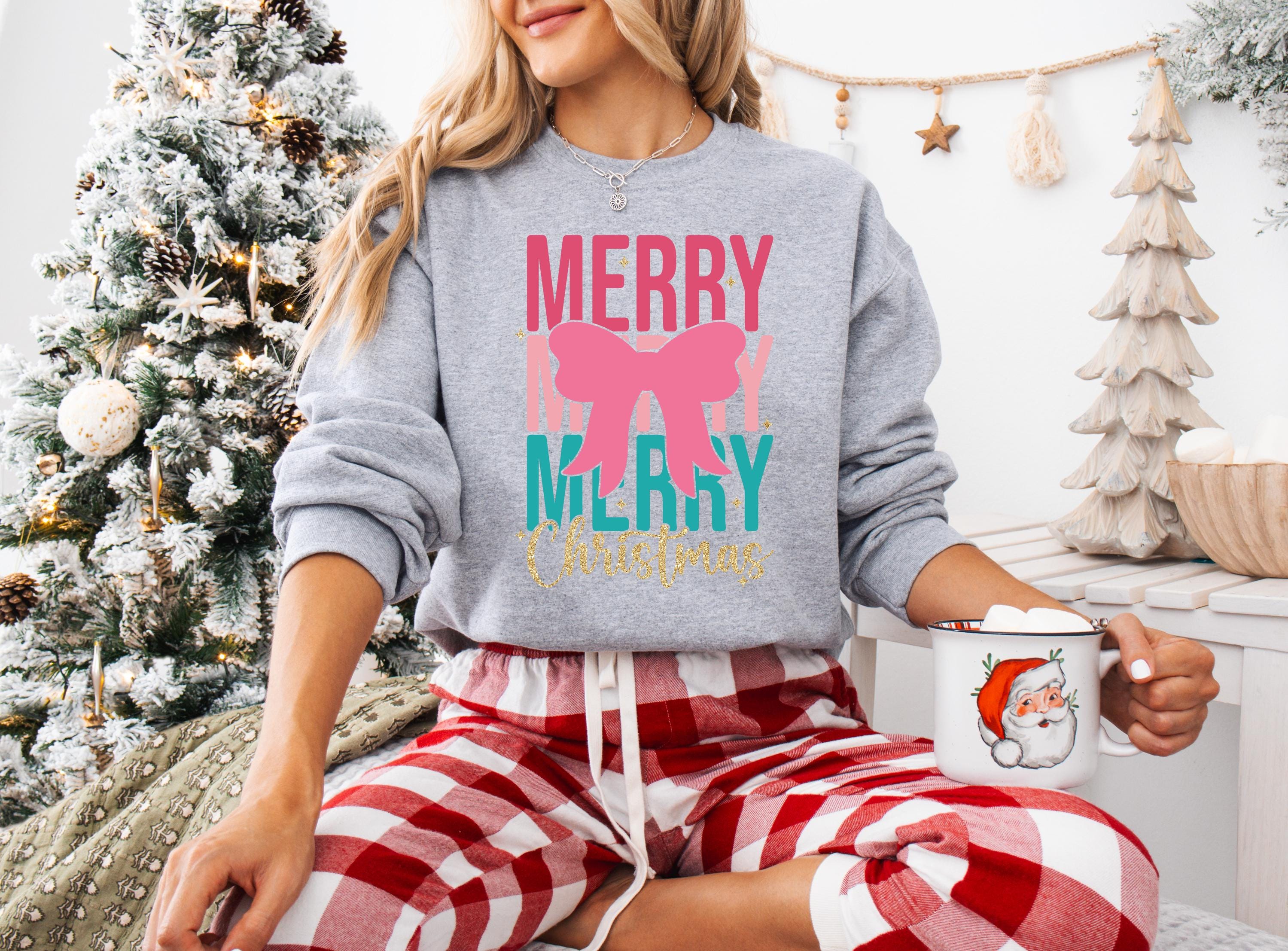 Merry Christmas Shirt Coquette Christmas Shirt, Pastel Christmas Pink Christmas Christmas Tree Christmas Sweatshirt Cute Christmas Shirt