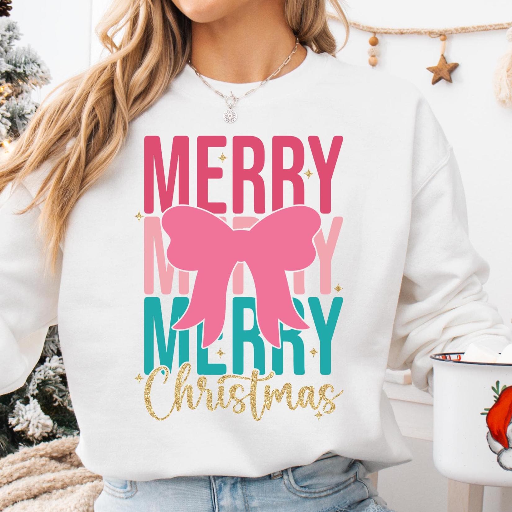 Merry Christmas Shirt Coquette Christmas Shirt, Pastel Christmas Pink Christmas Christmas Tree Christmas Sweatshirt Cute Christmas Shirt